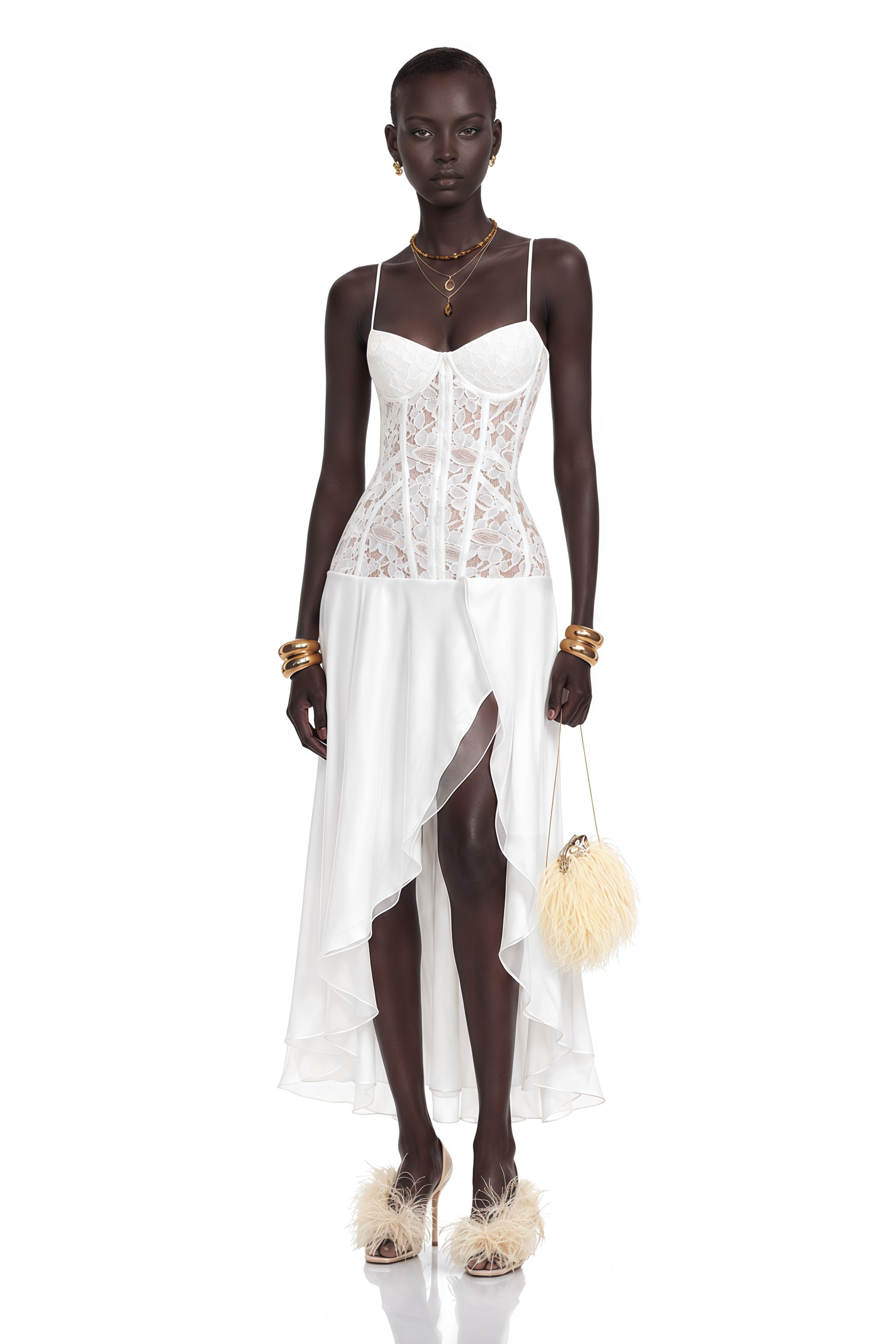 Floriane White Lace High-Slit Spaghetti Strap Midi Dress