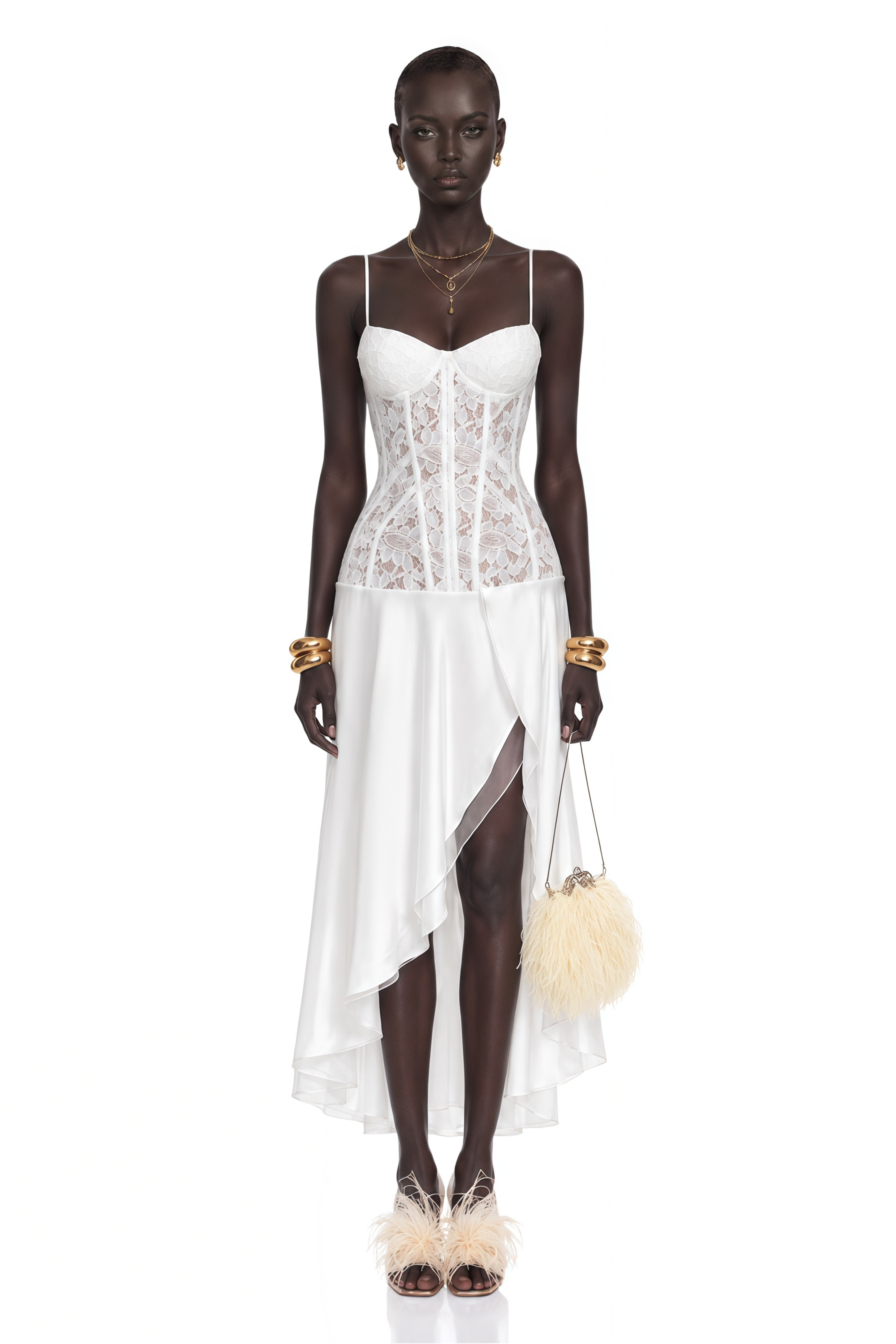 Floriane White Lace High-Slit Spaghetti Strap Midi Dress