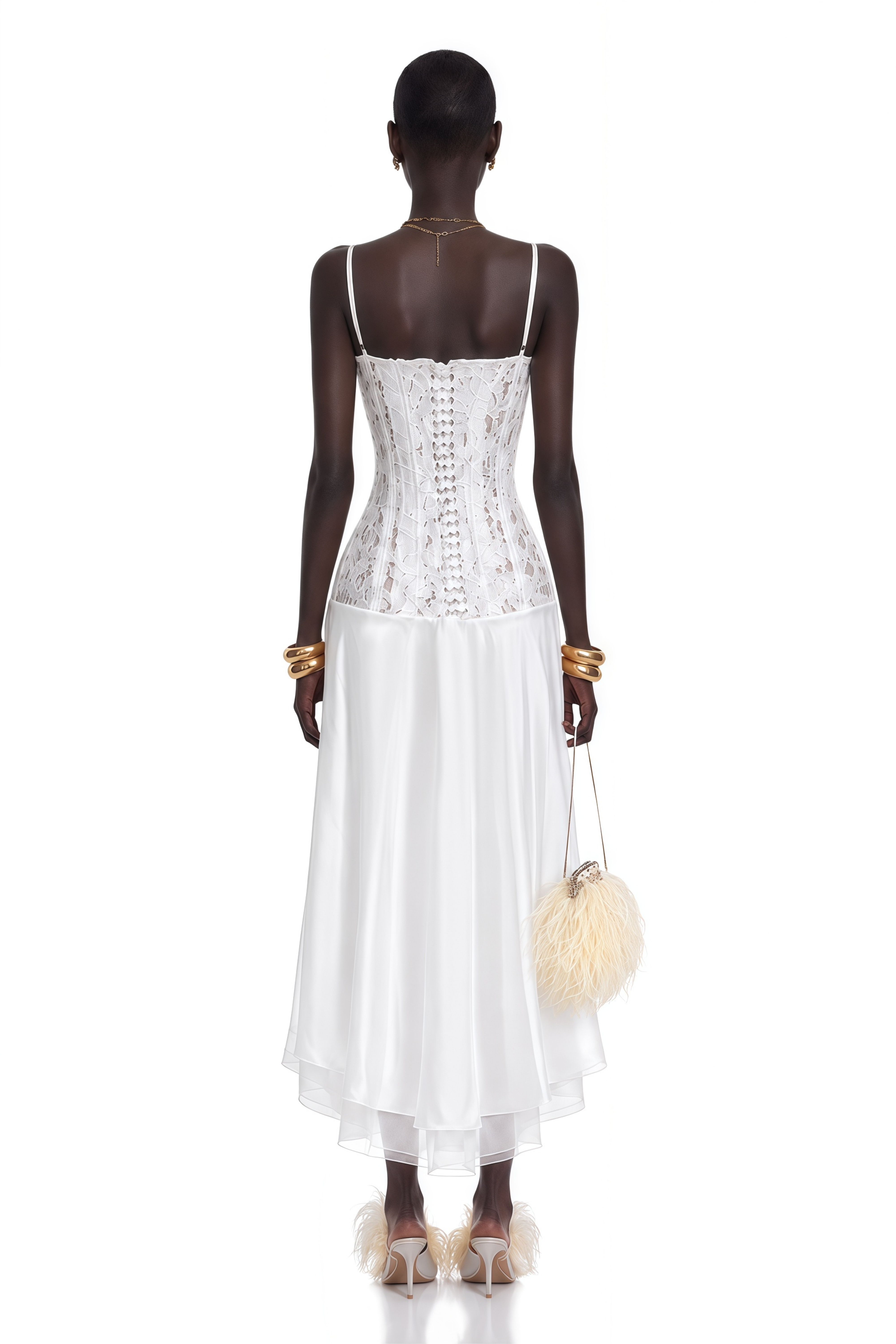 Floriane White Lace High-Slit Spaghetti Strap Midi Dress