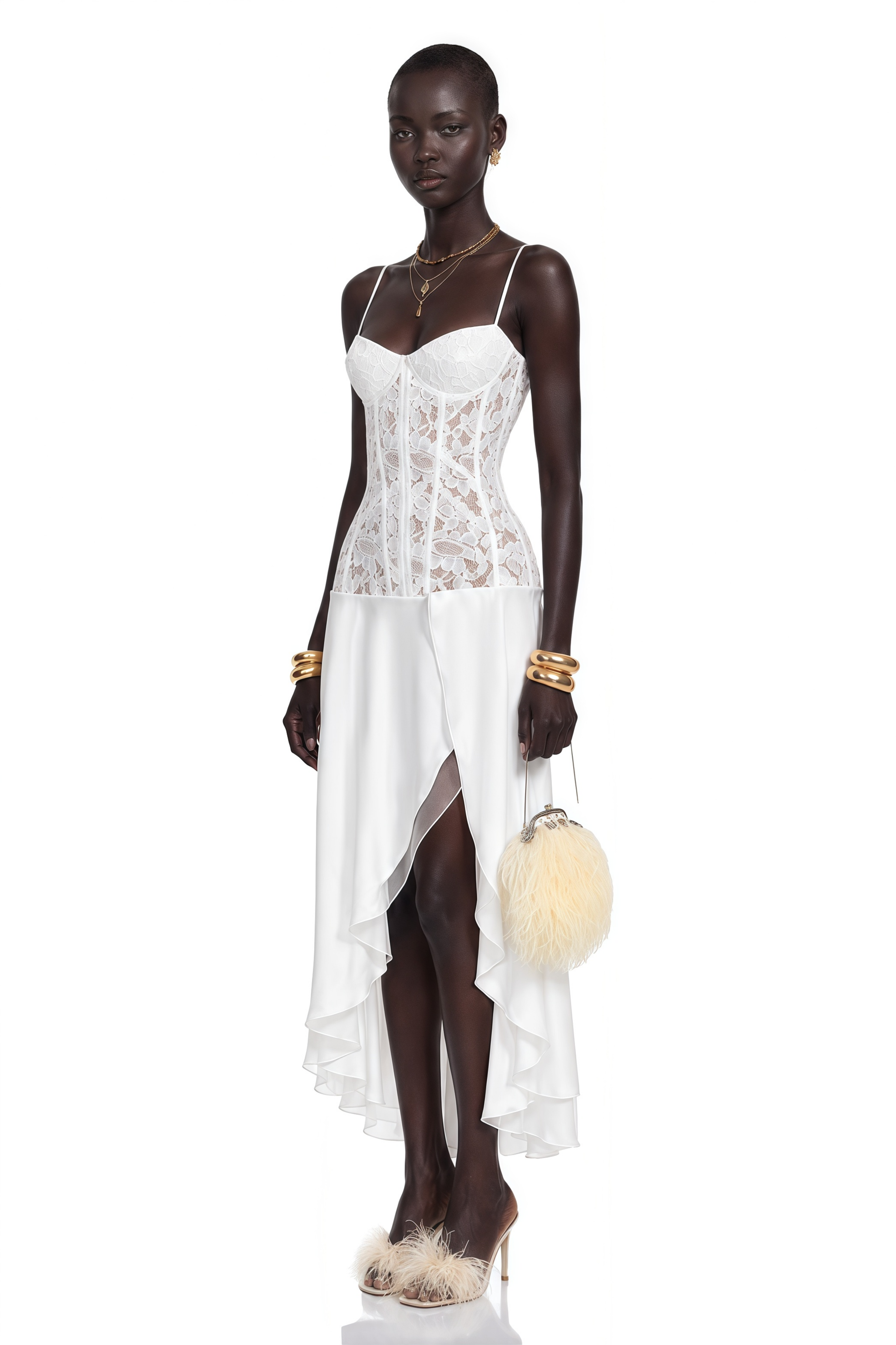 Floriane White Lace High-Slit Spaghetti Strap Midi Dress