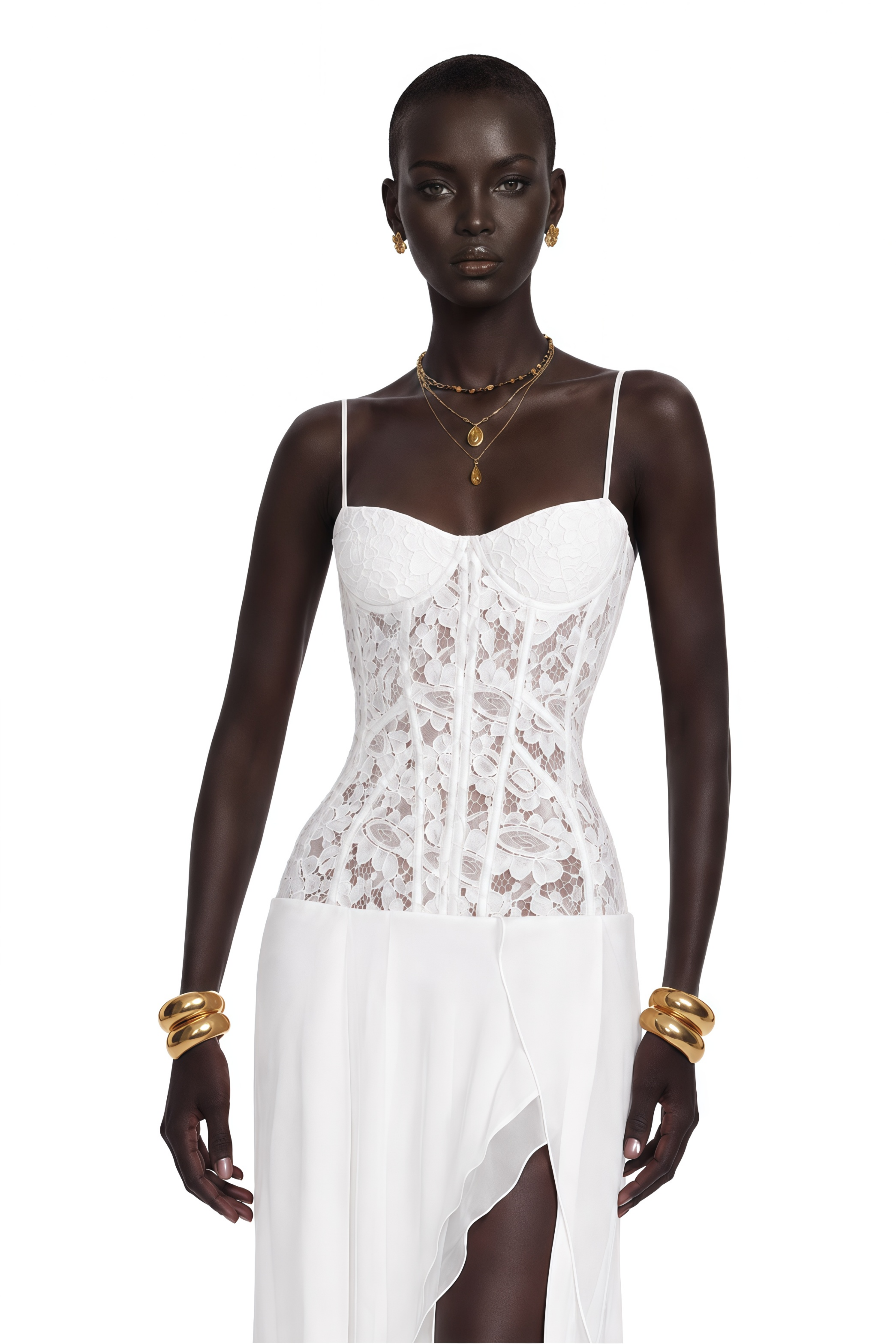 Floriane White Lace High-Slit Spaghetti Strap Midi Dress
