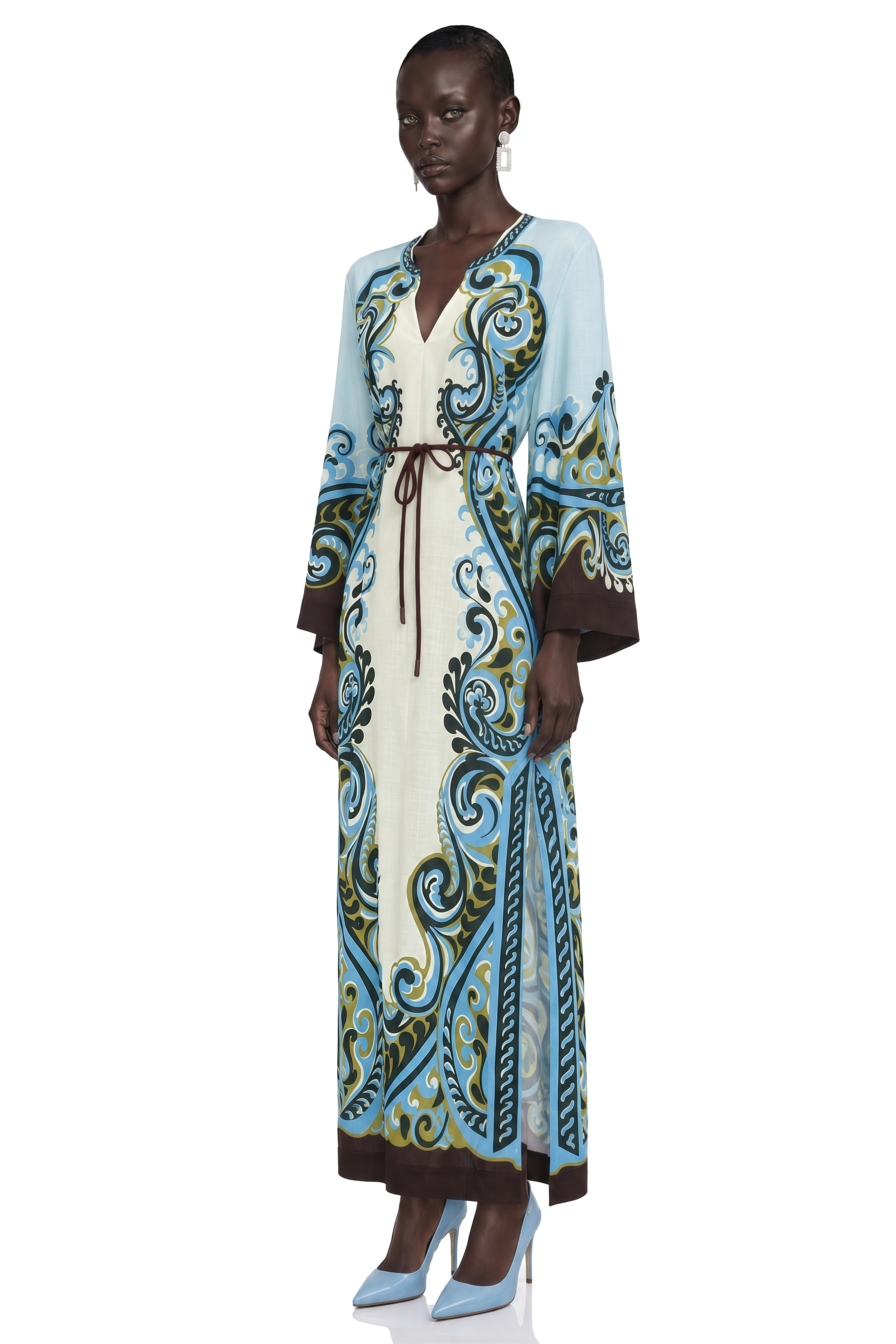 Florienne Blue Printed Long Sleeve Maxi Dress