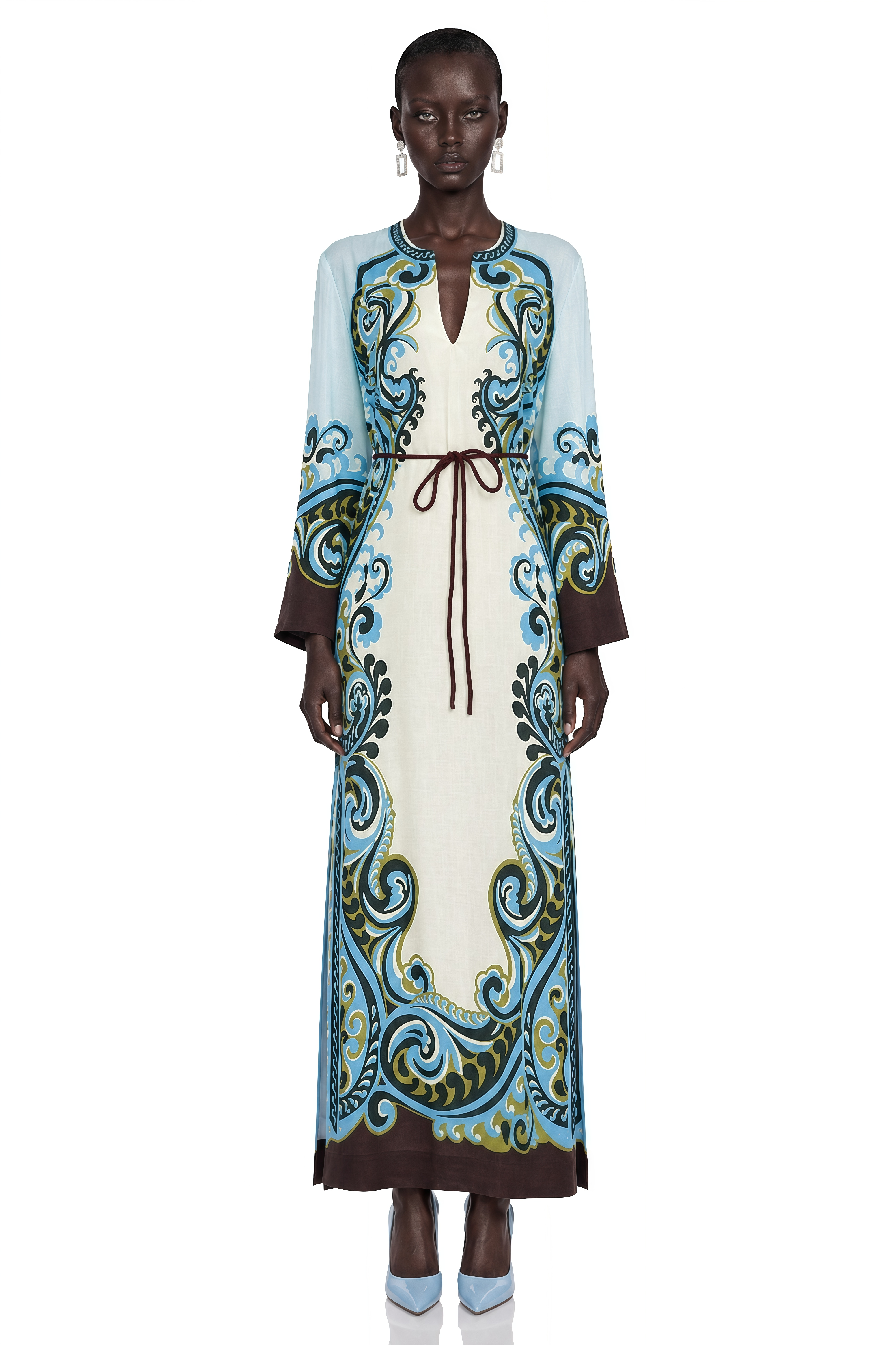 Florienne Blue Printed Long Sleeve Maxi Dress