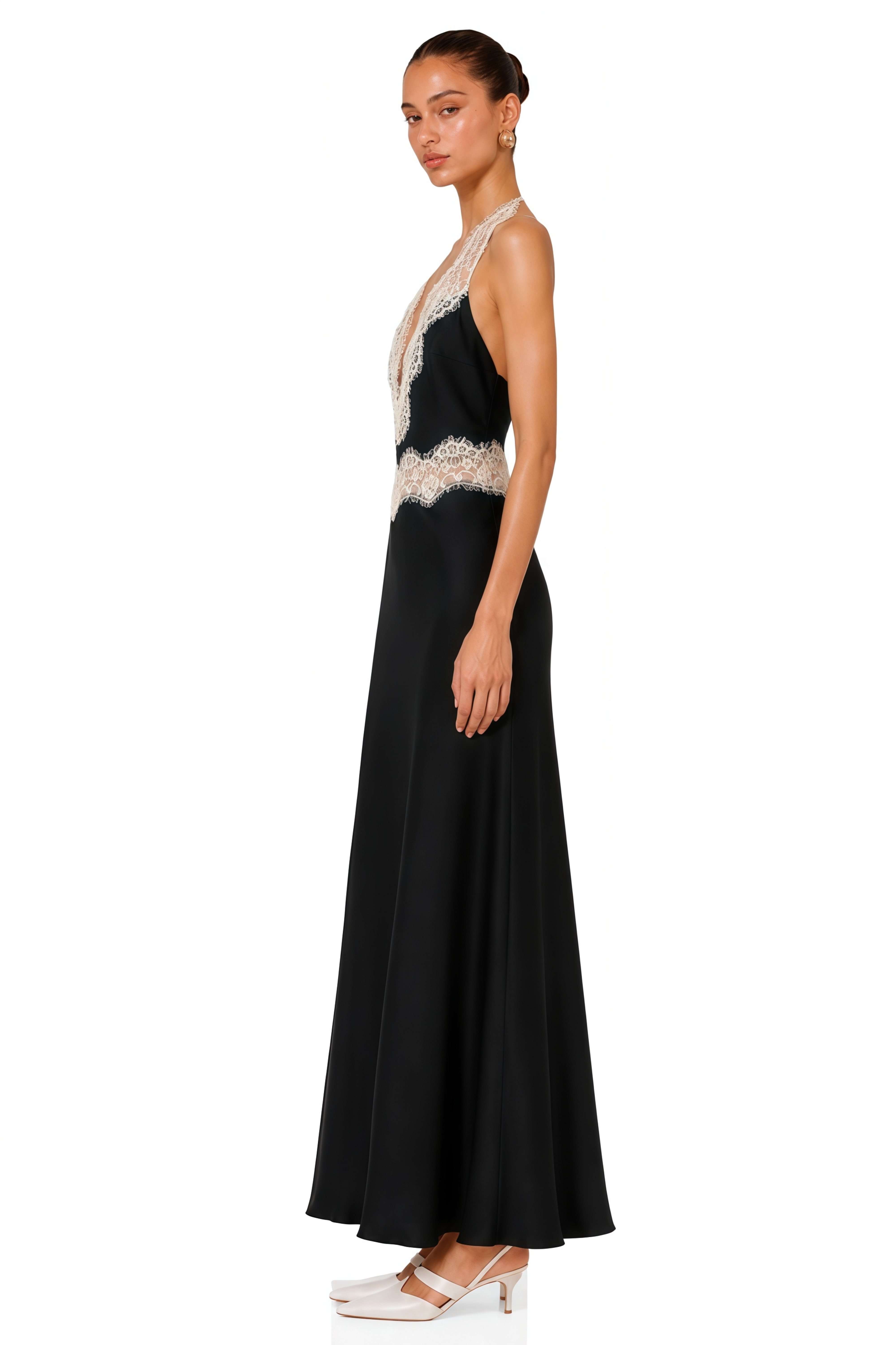 Francesca Black Lace Trim Halterneck Maxi Dress