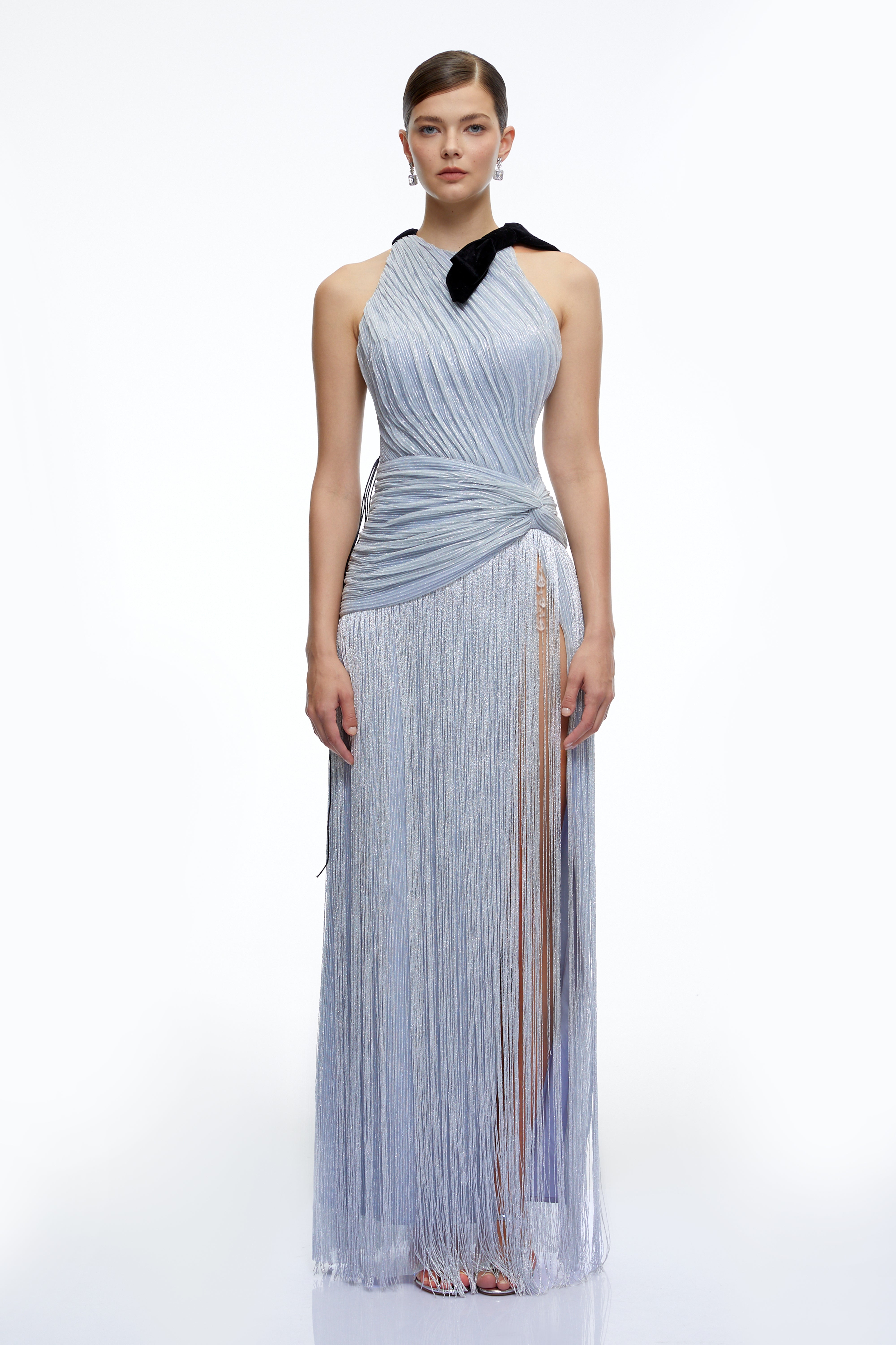 Francesca Silver Fringe Maxi Dress with Bow