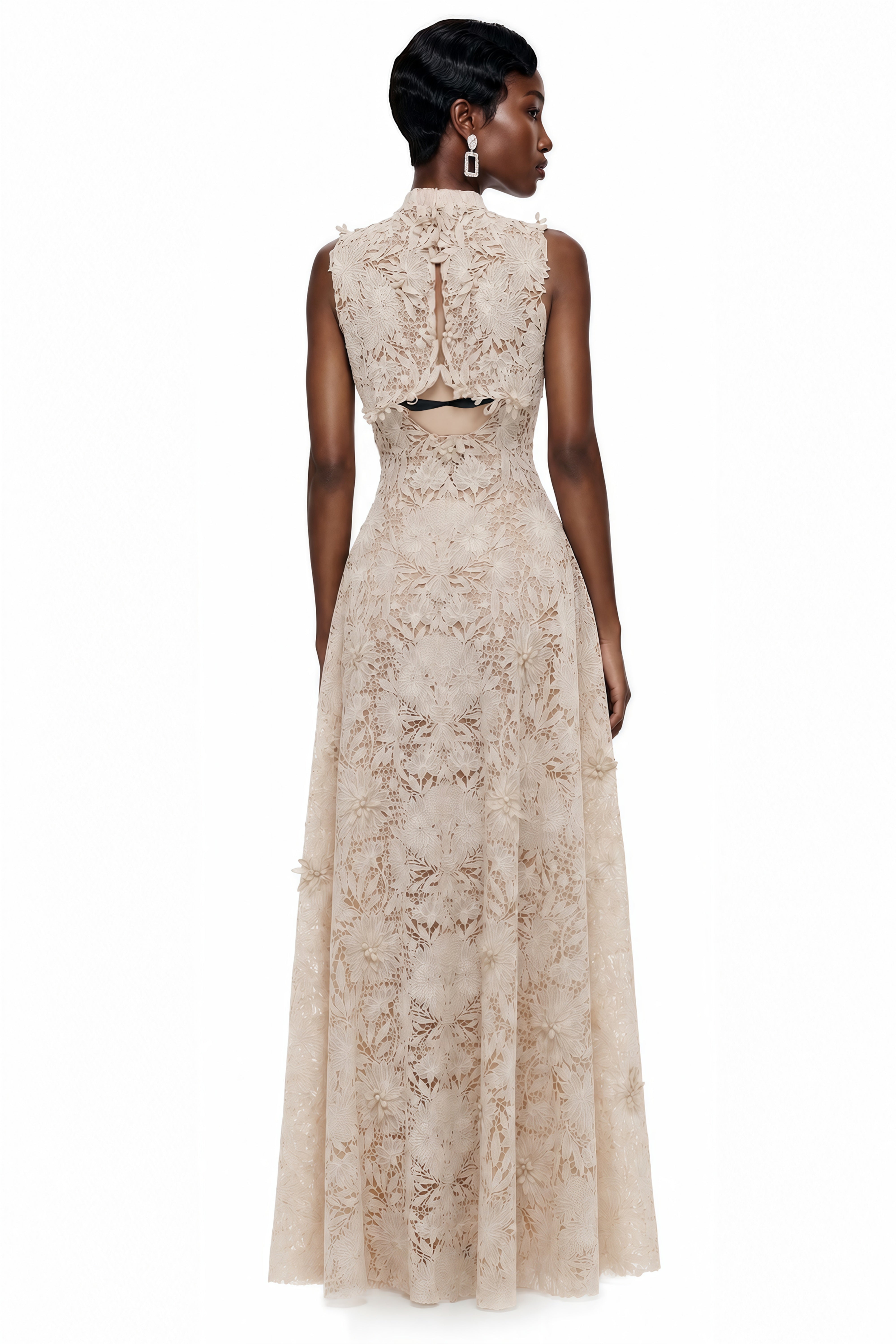 Cream lace maxi dress with a high neckline and 3D floral applique details