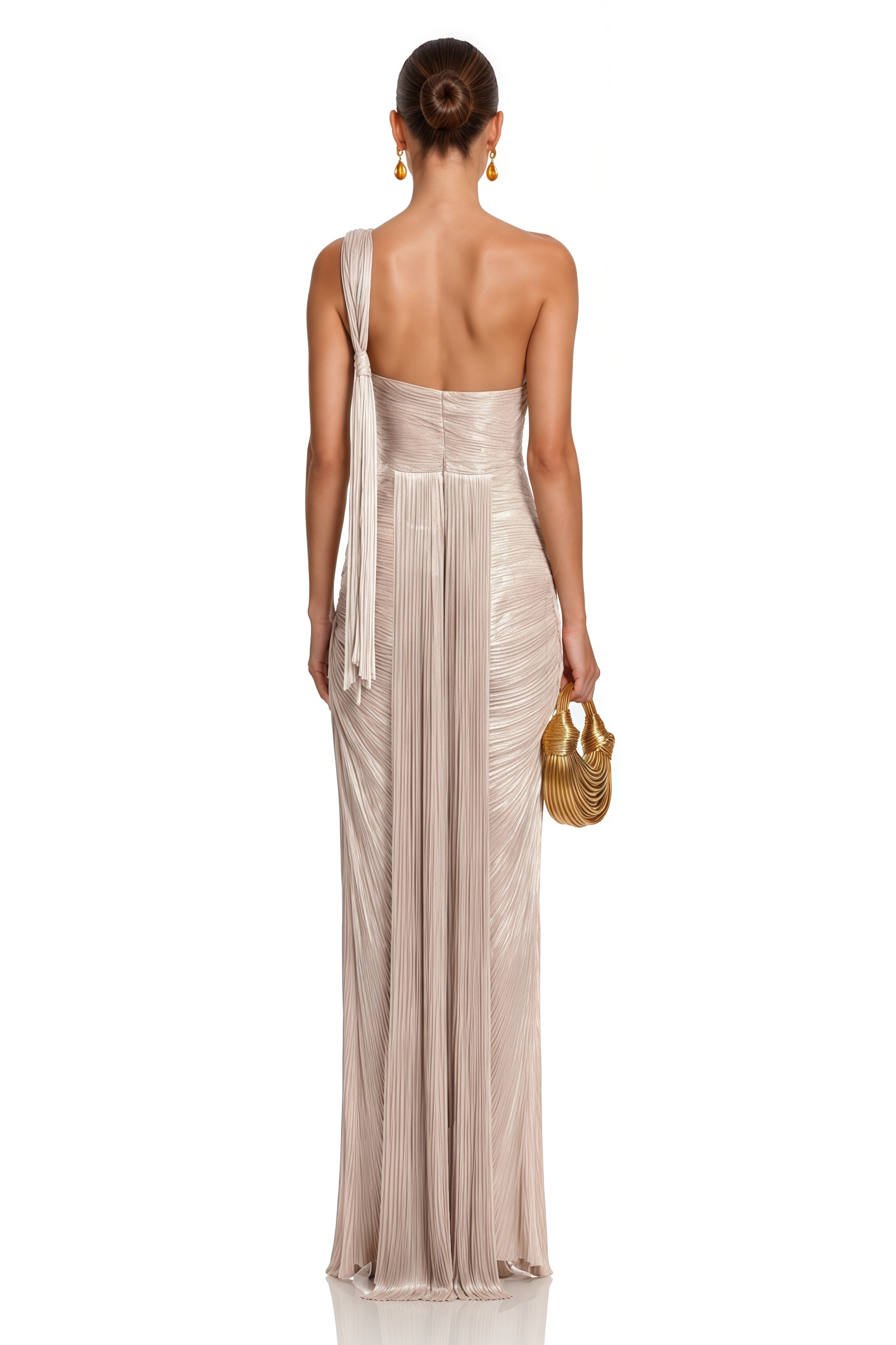 Frederica Champagne One Shoulder Pleated Maxi Dress