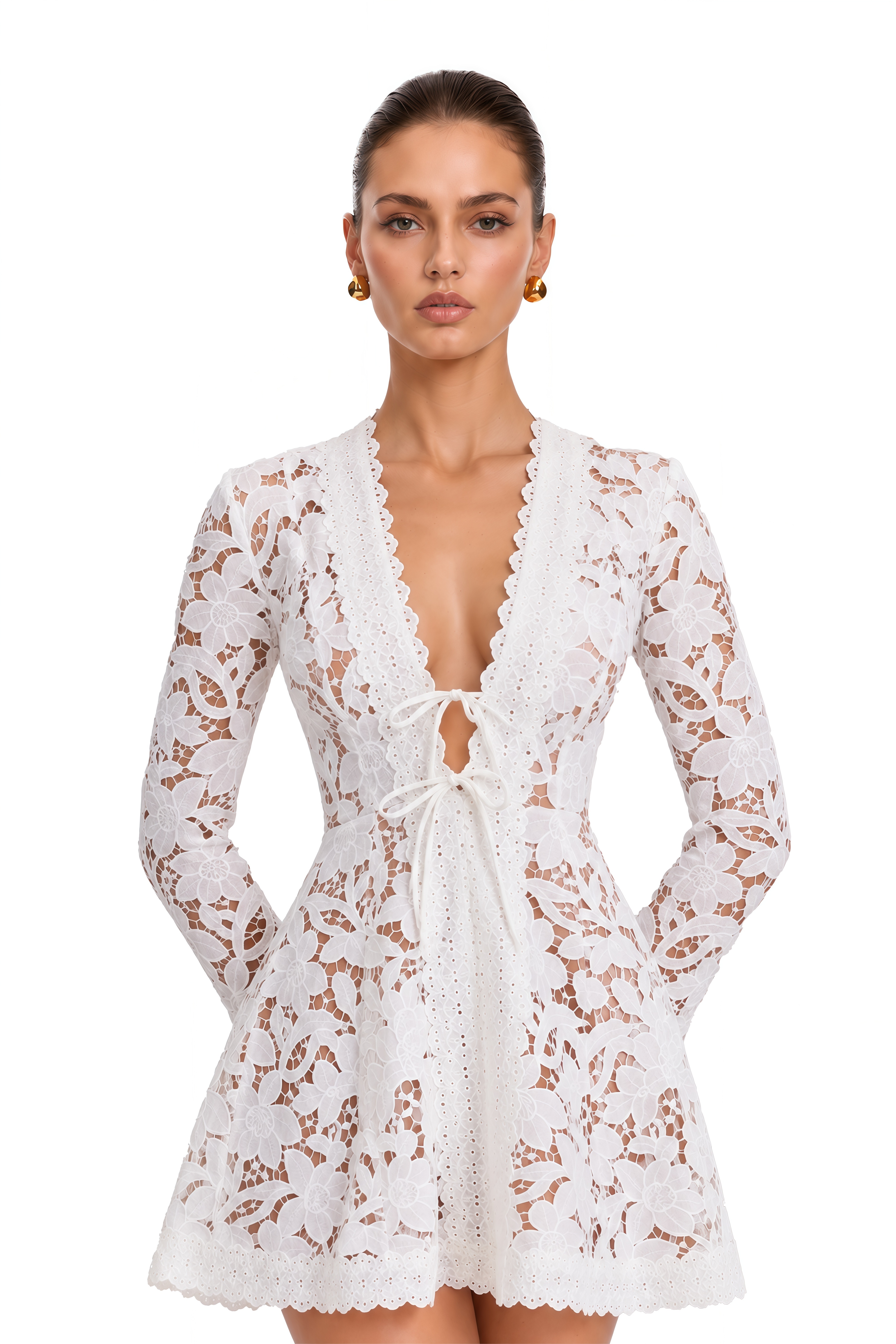 Freya White Floral Lace Tie Front Mini Dress