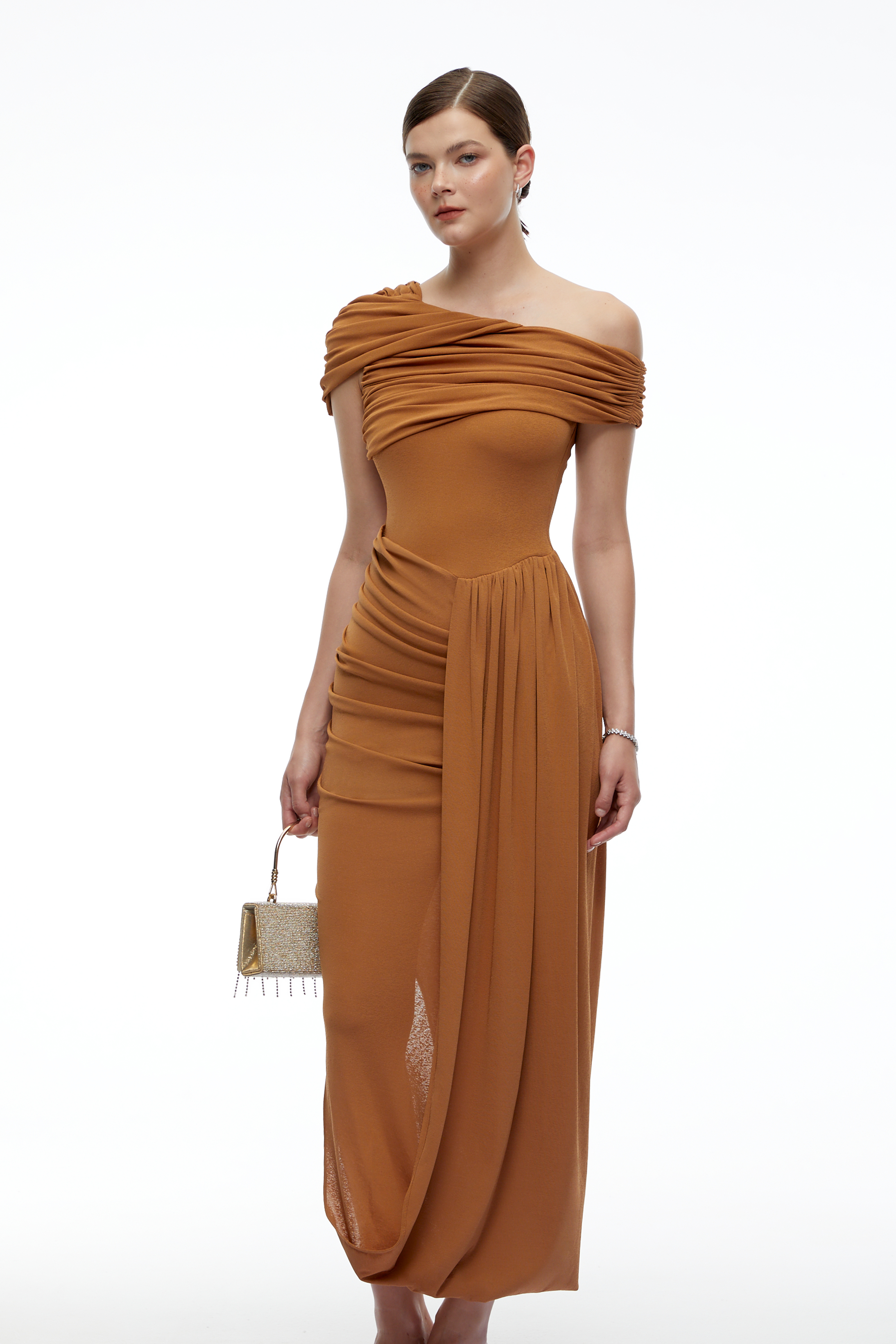 brown one shoulder ruched dress Friederike One-Shoulder Maxi – Miss Rosier Size (US):M (6) lined clutch for a length: short dress Bow One Shoulder Satin