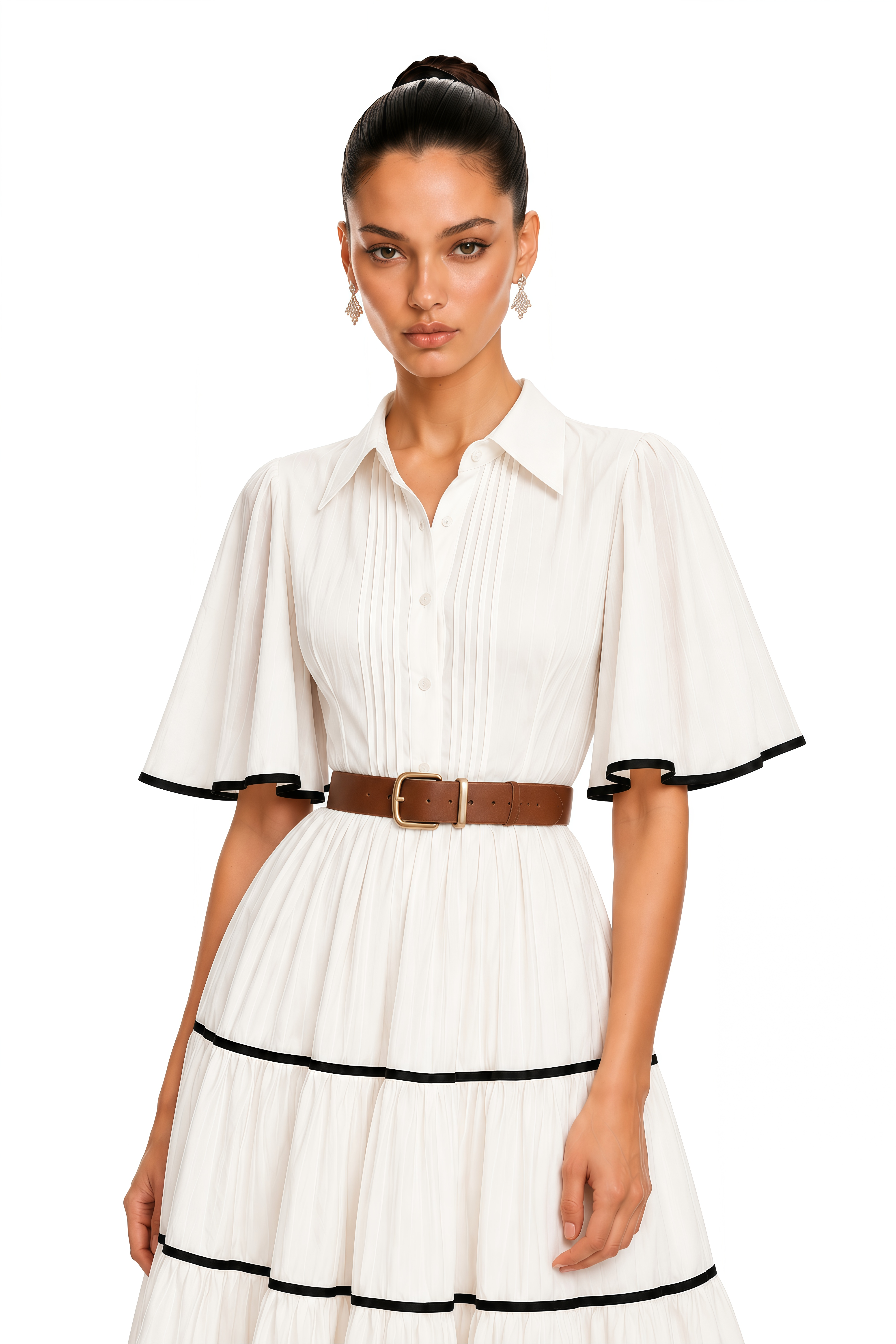 Gabija White Tiered Belted Short Sleeve Maxi Dress