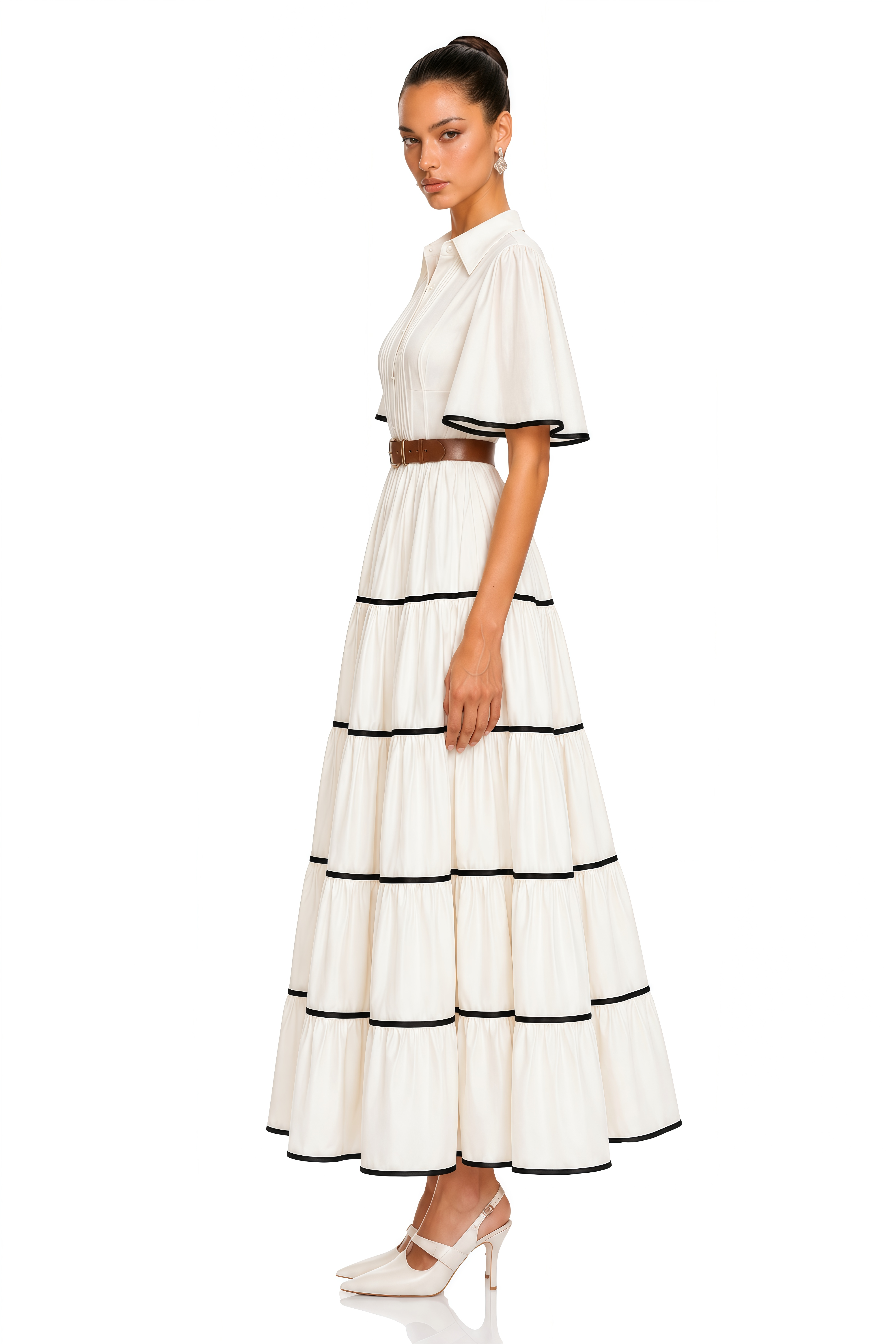 Gabija White Tiered Belted Short Sleeve Maxi Dress