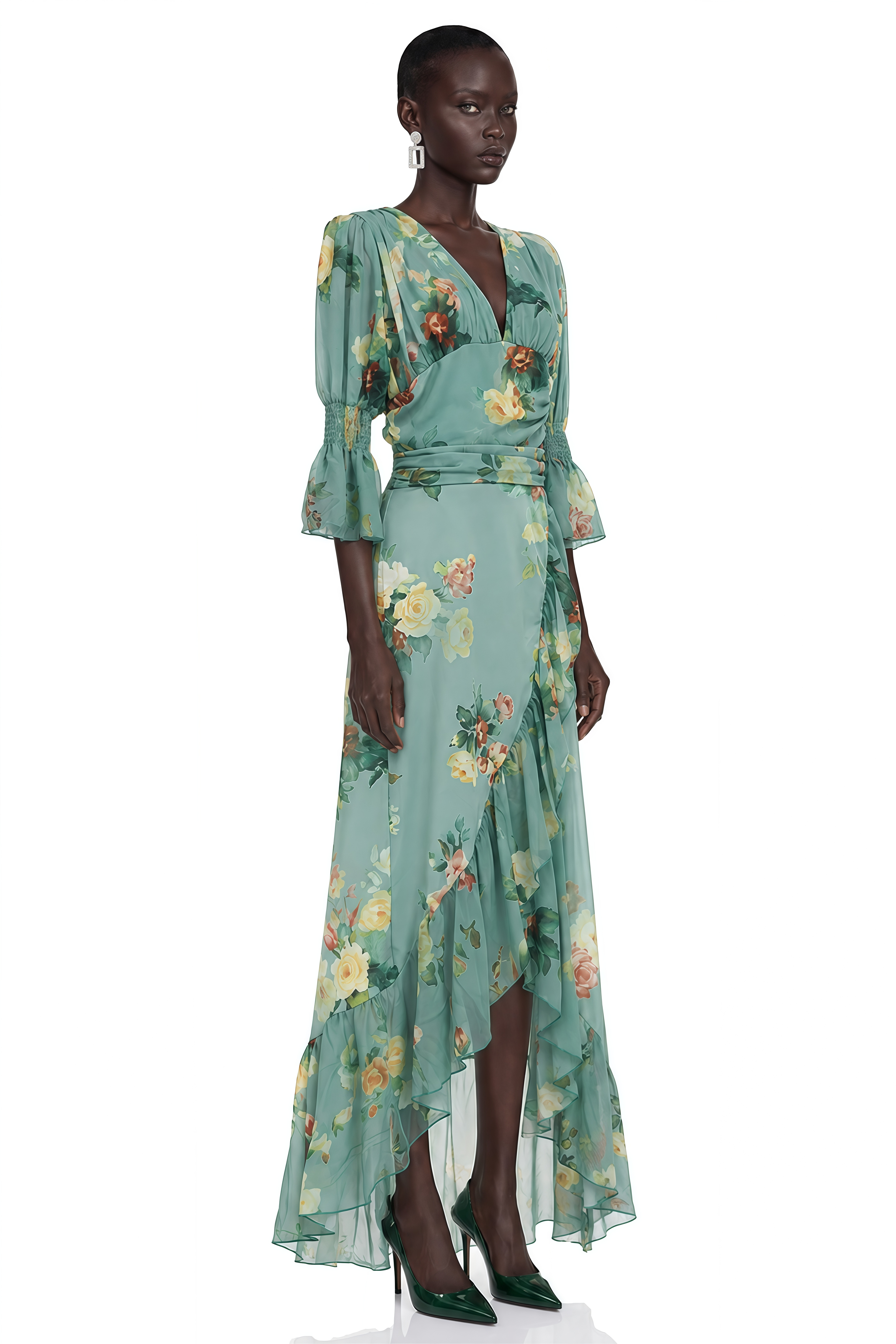 Gabriella Green Floral Print Plunging Asymmetrical Ruffled Maxi Dress