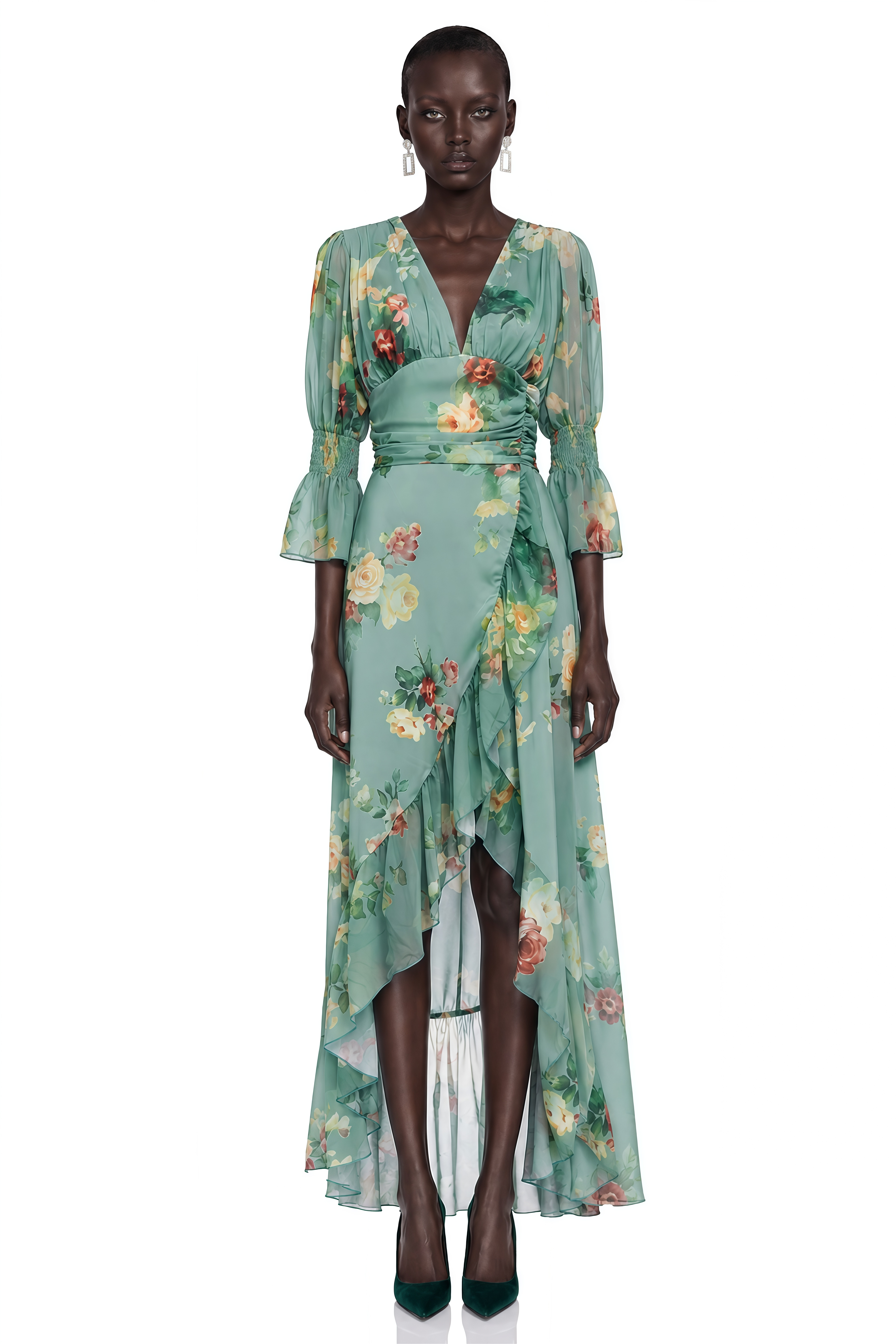 Gabriella Green Floral Print Plunging Asymmetrical Ruffled Maxi Dress