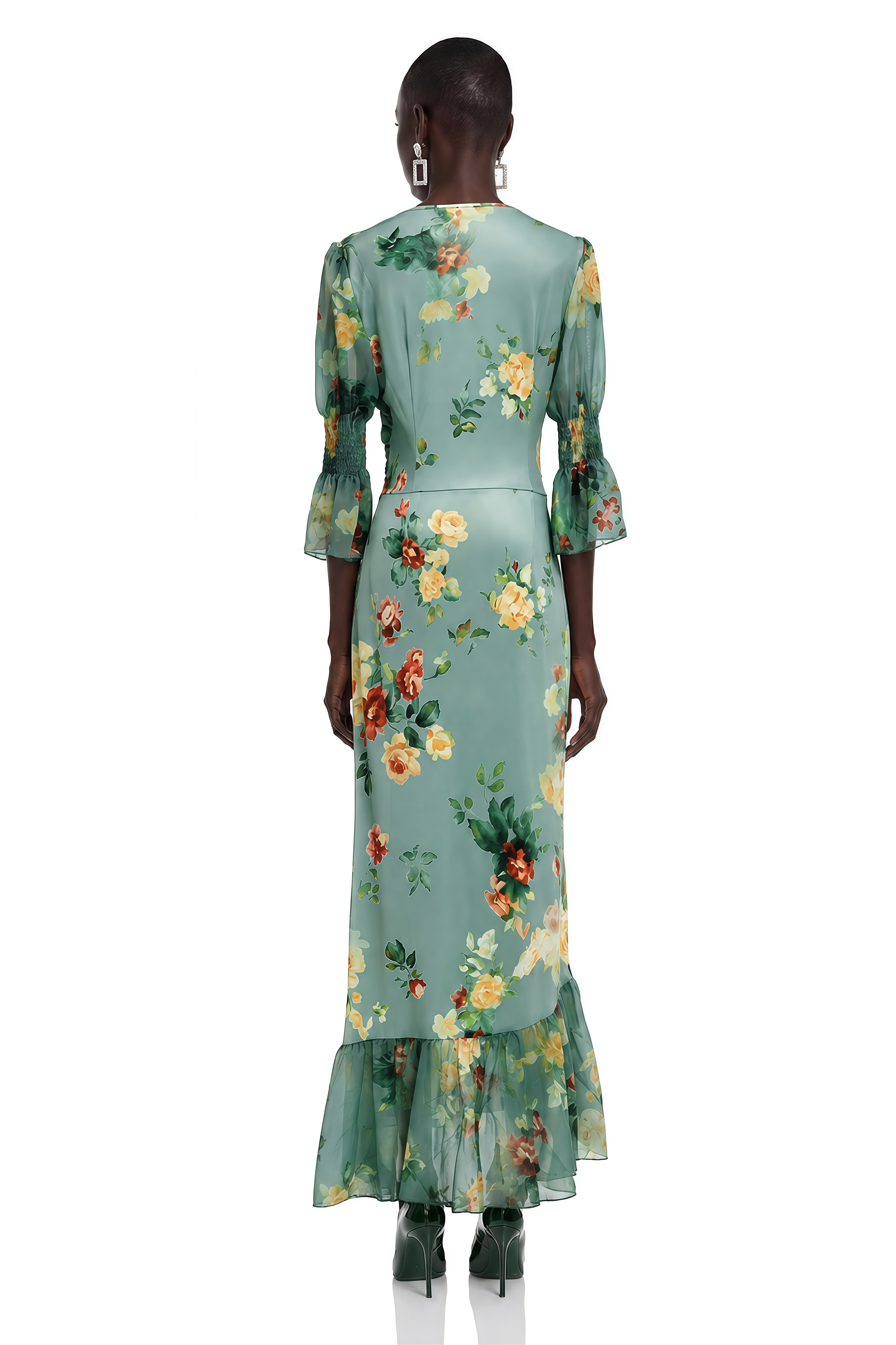 Gabriella Green Floral Print Plunging Asymmetrical Ruffled Maxi Dress