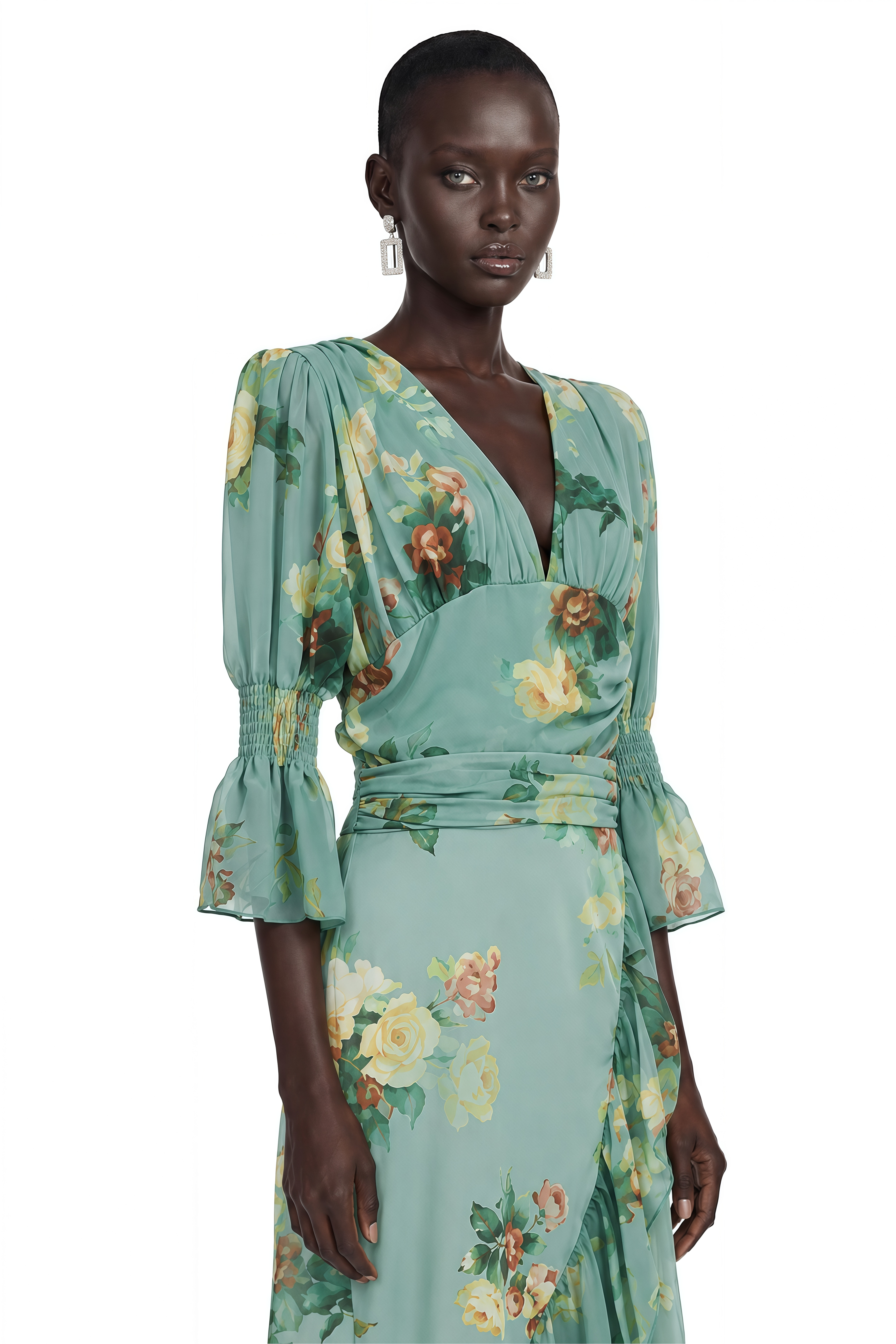 Gabriella Green Floral Print Plunging Asymmetrical Ruffled Maxi Dress