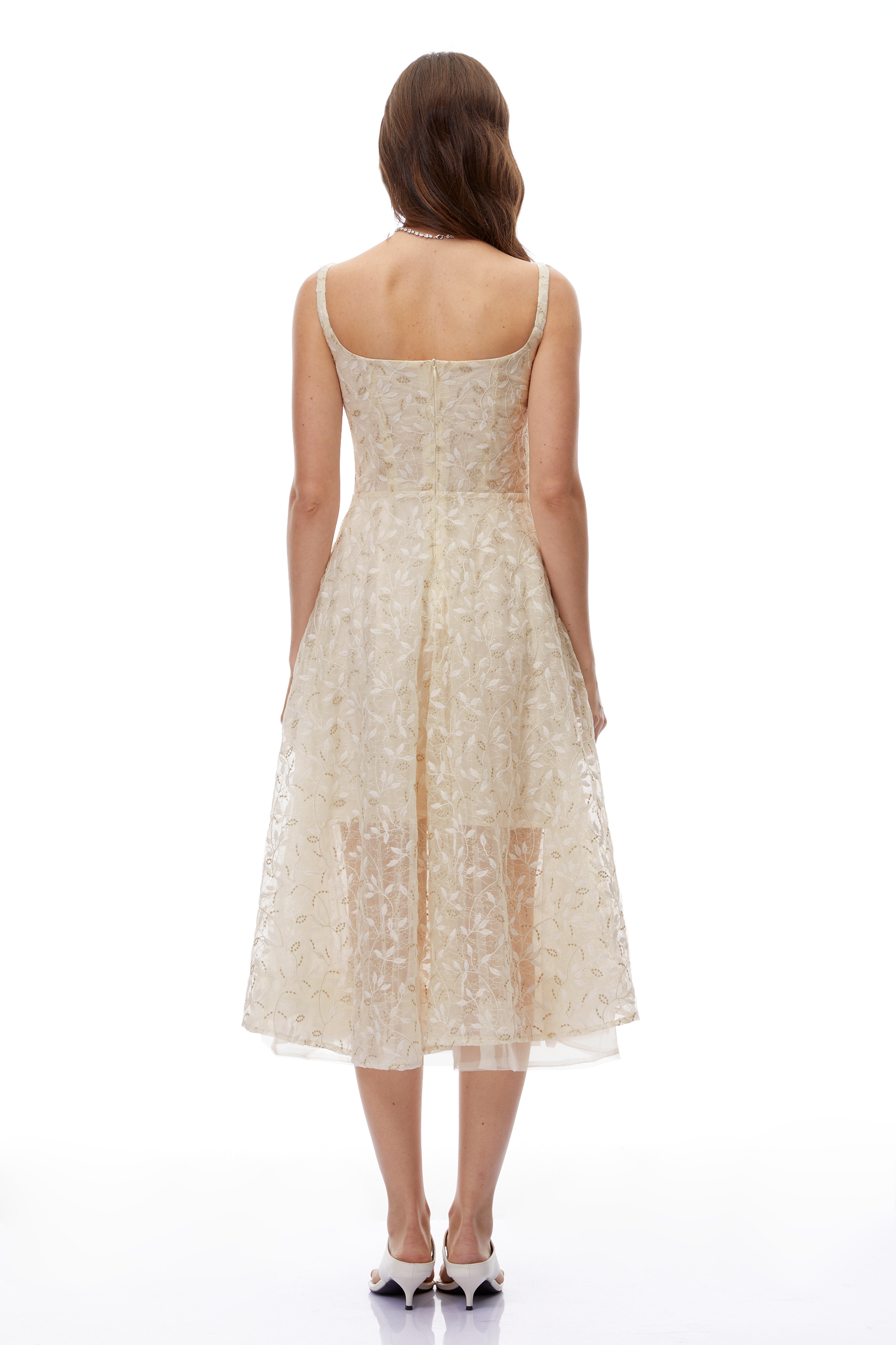 Cream embroidered A-line midi dress with 3D floral details at the neckline