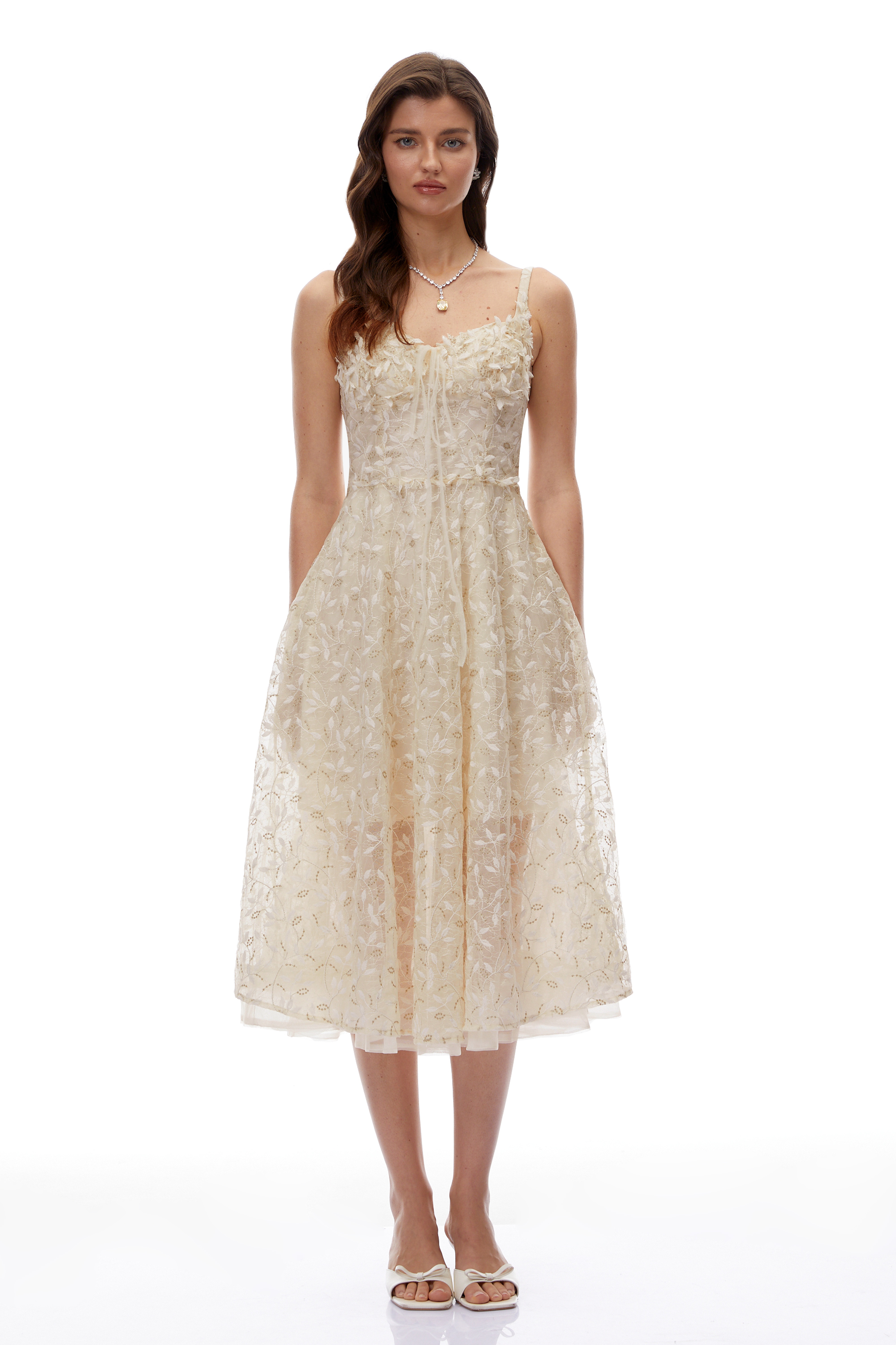 Cream embroidered A-line midi dress with 3D floral details at the neckline