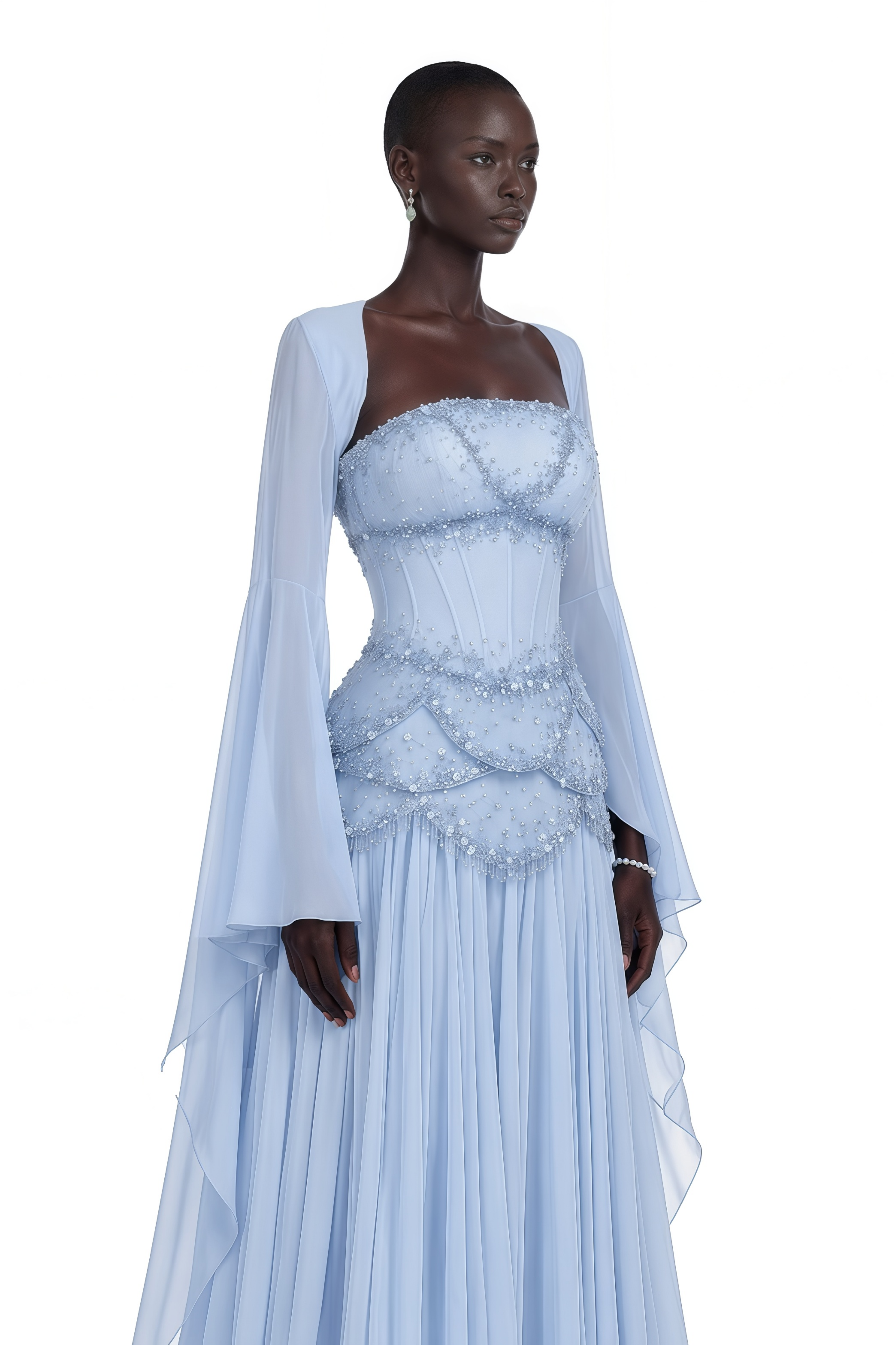 Gaëlle Faux-pearl-embellished Pleated Maxi Dress in Light-blue