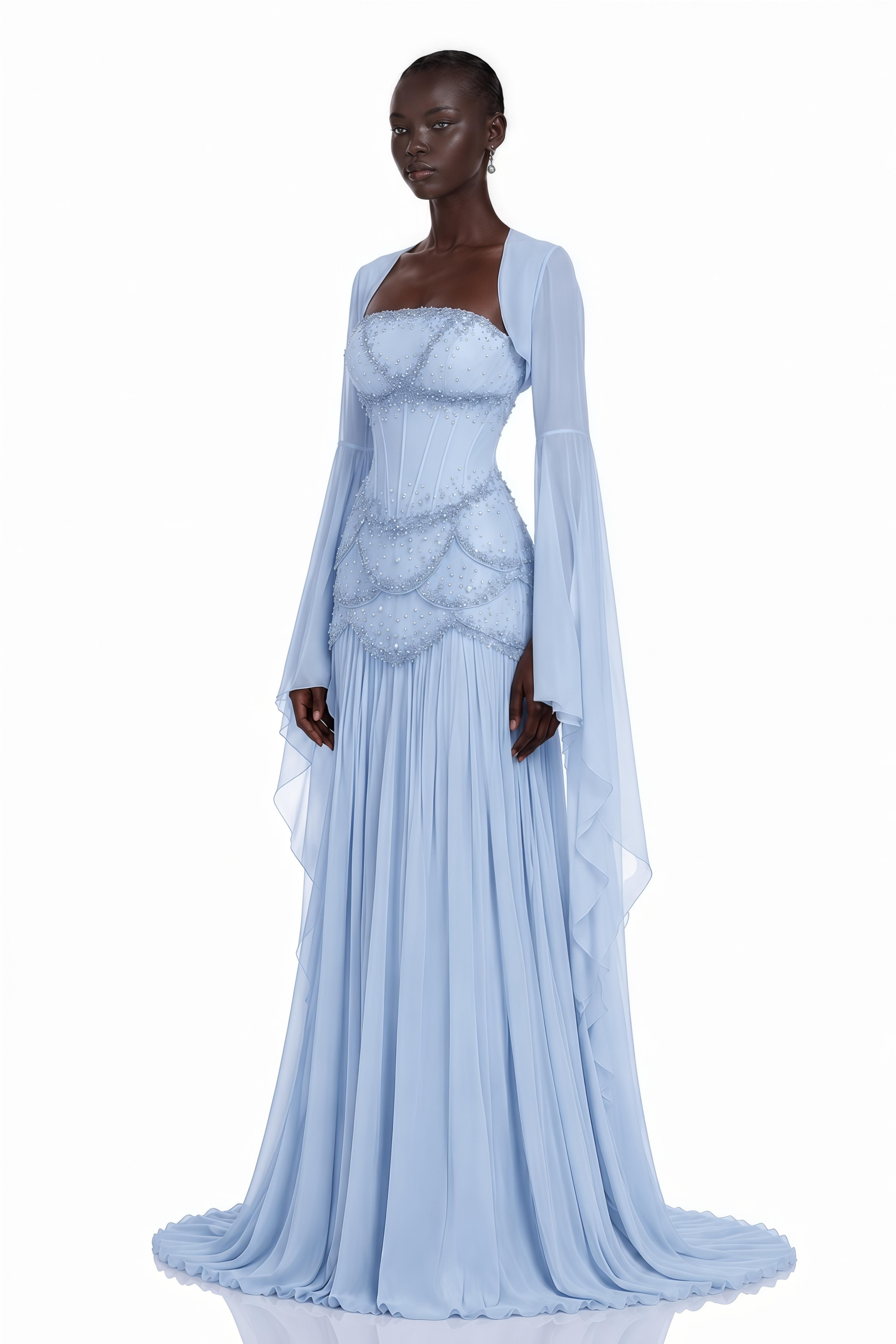 Gaëlle Faux-pearl-embellished Pleated Maxi Dress in Light-blue