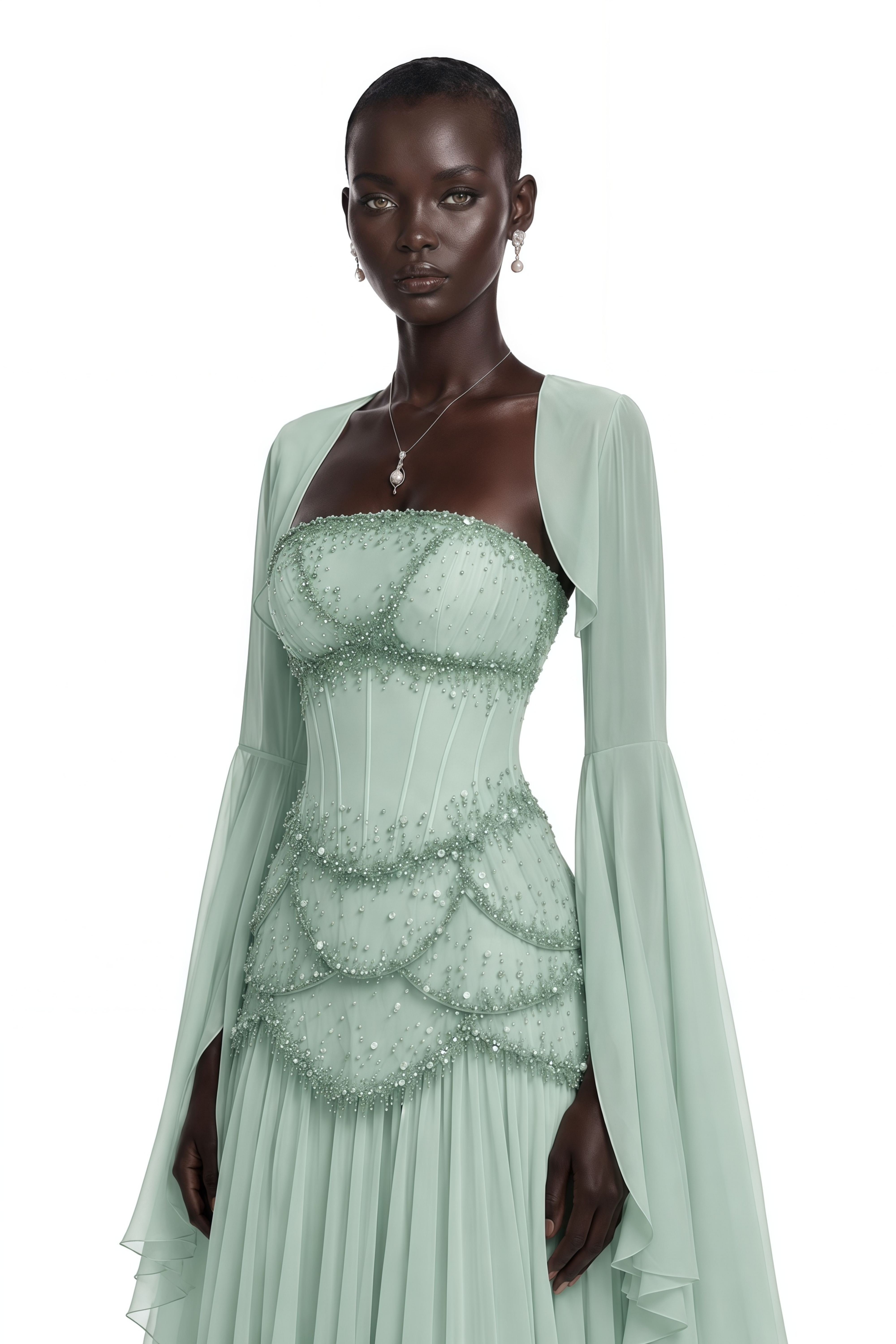 Gaëlle Green Faux-pearl-embellished Pleated Maxi Dress