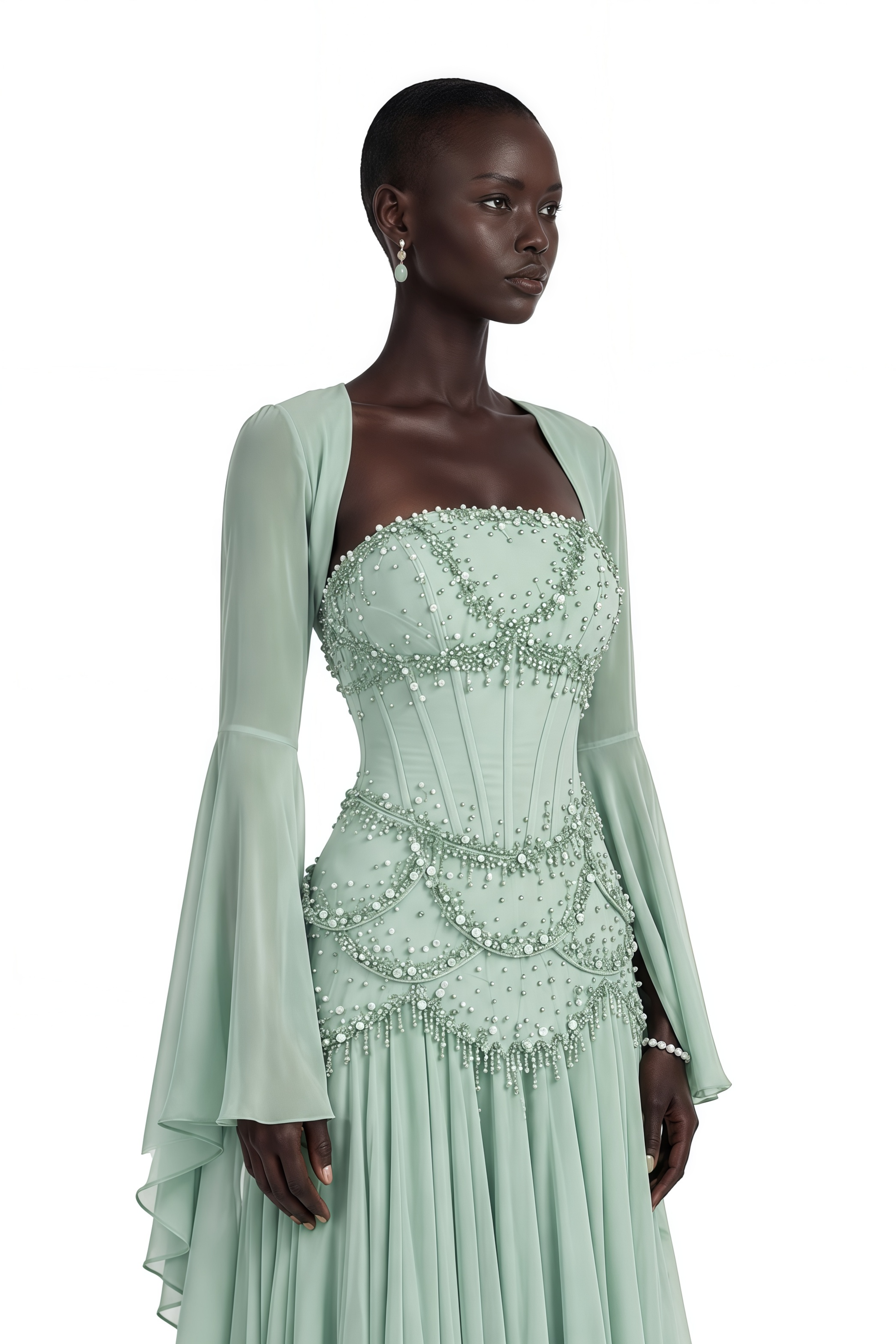 Gaëlle Green Faux-pearl-embellished Pleated Maxi Dress