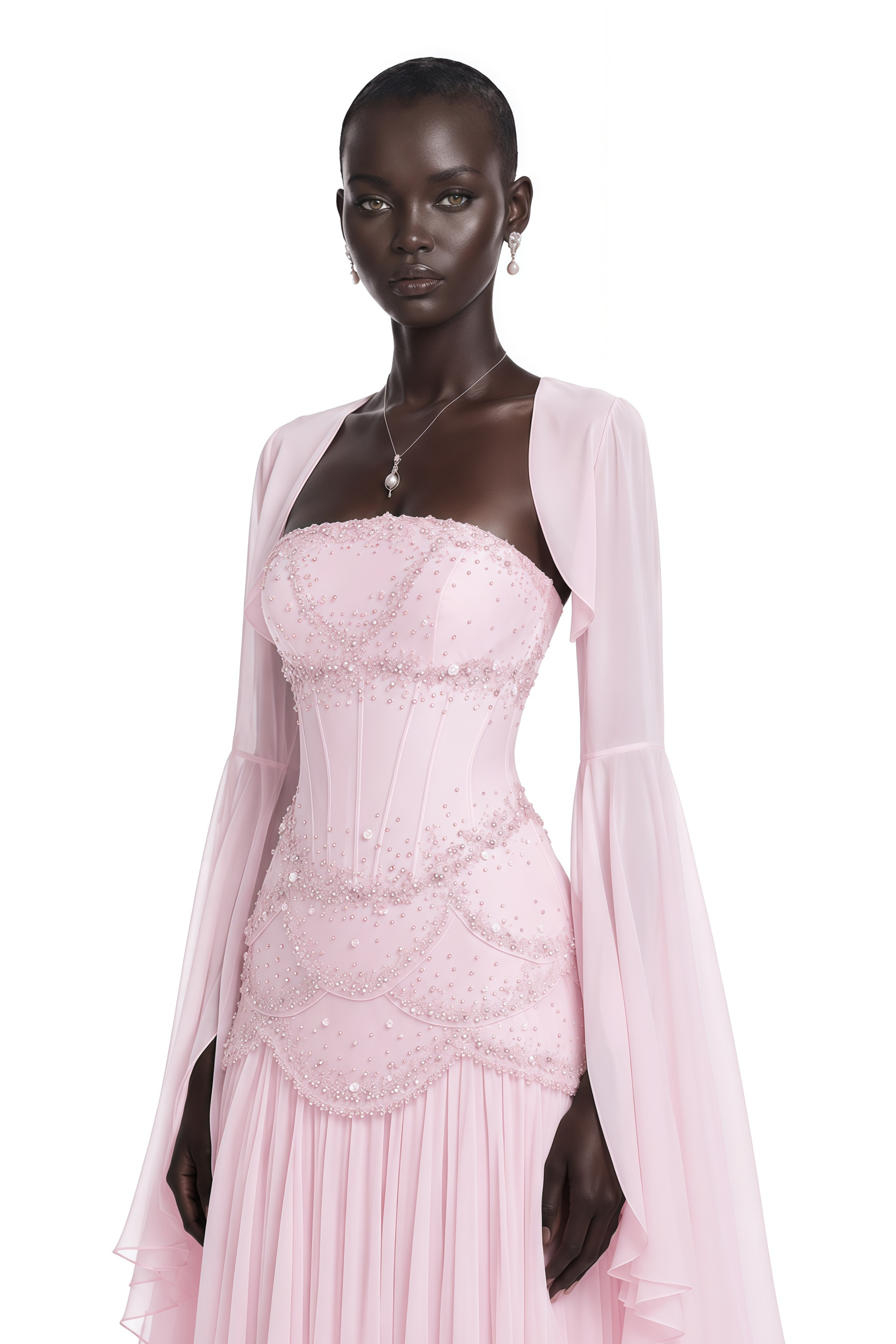 Pink embellished corset gown with long flared sheer sleeves