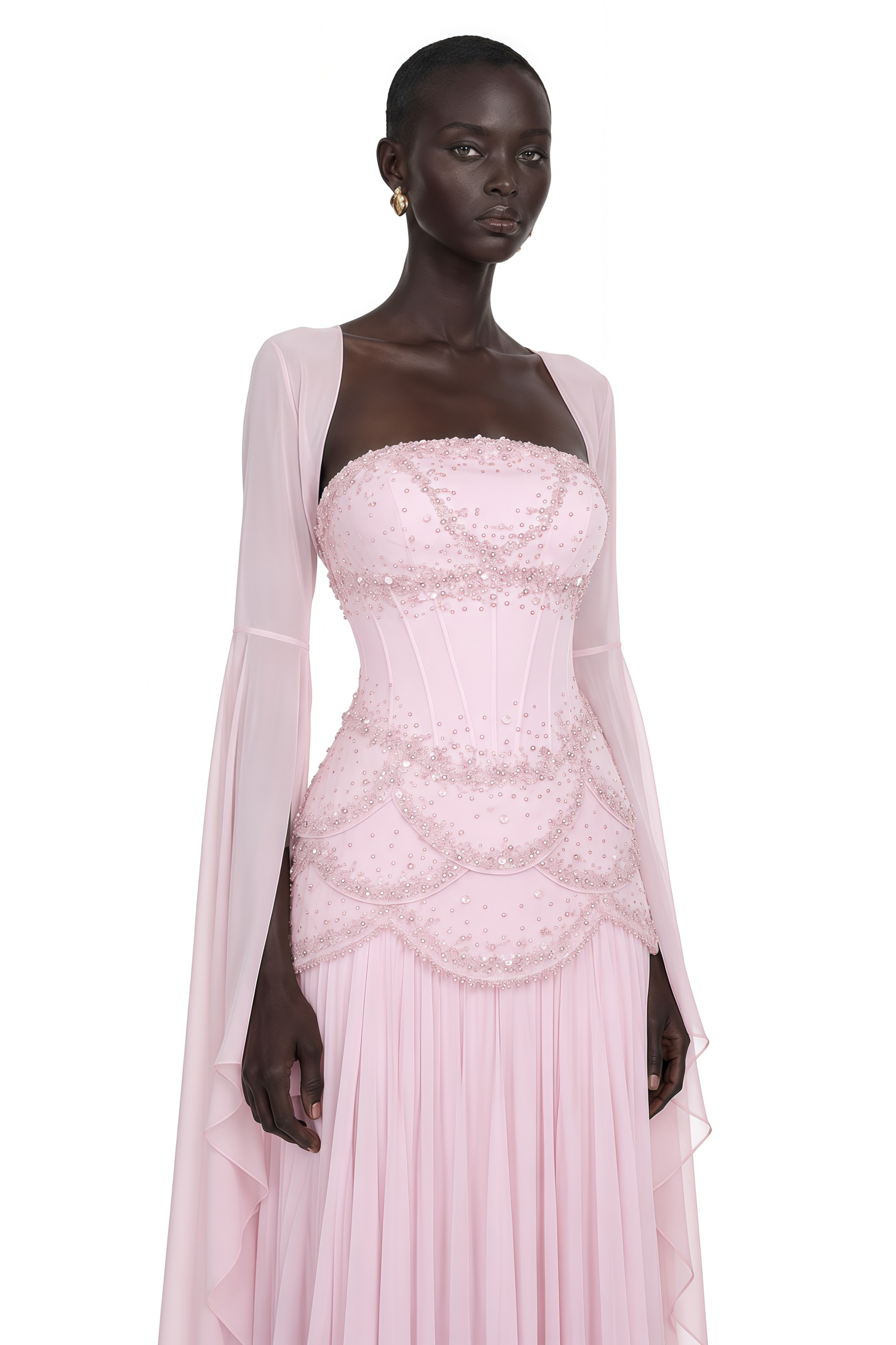 Pink embellished corset gown with long flared sheer sleeves