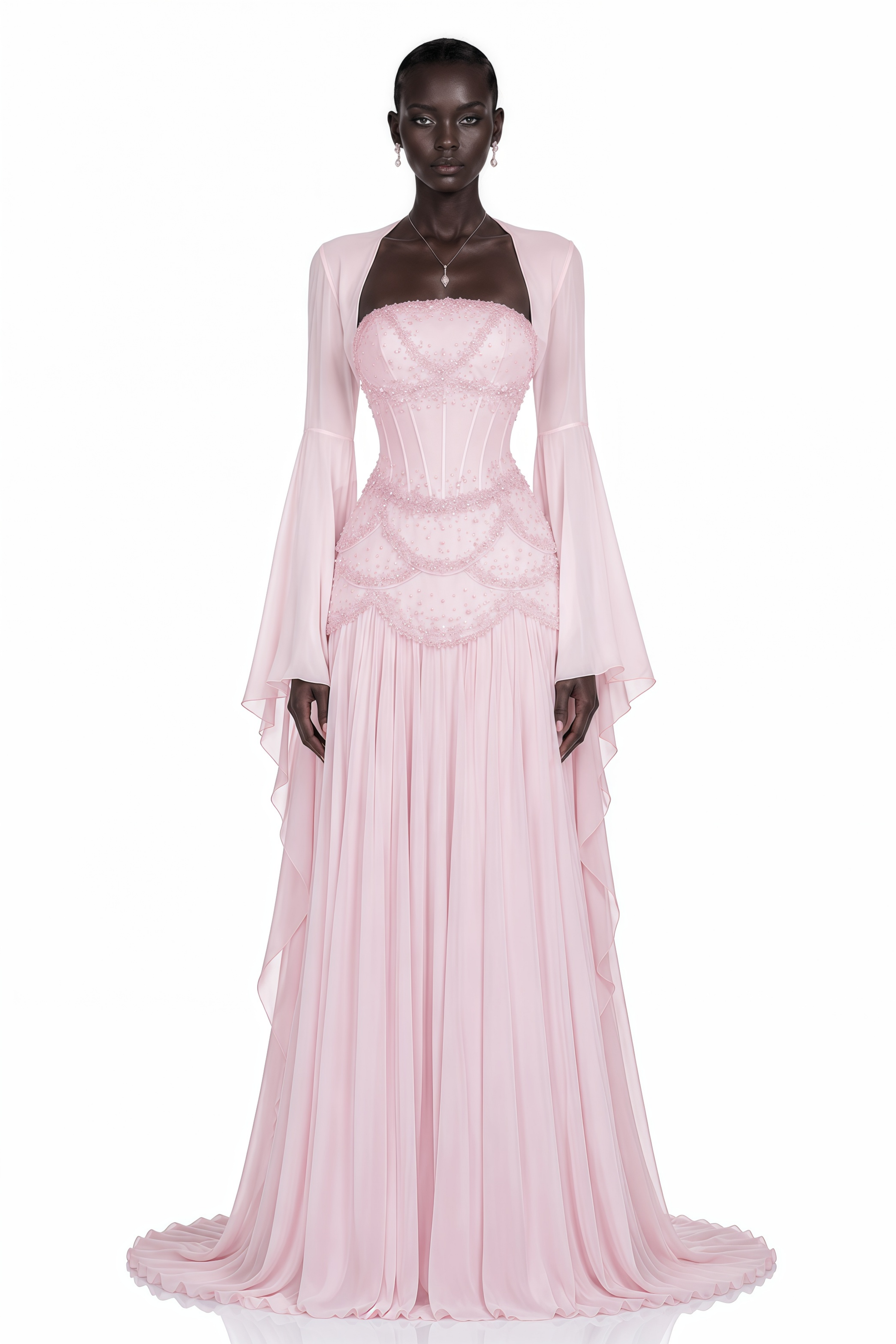 Pink embellished corset gown with long flared sheer sleeves