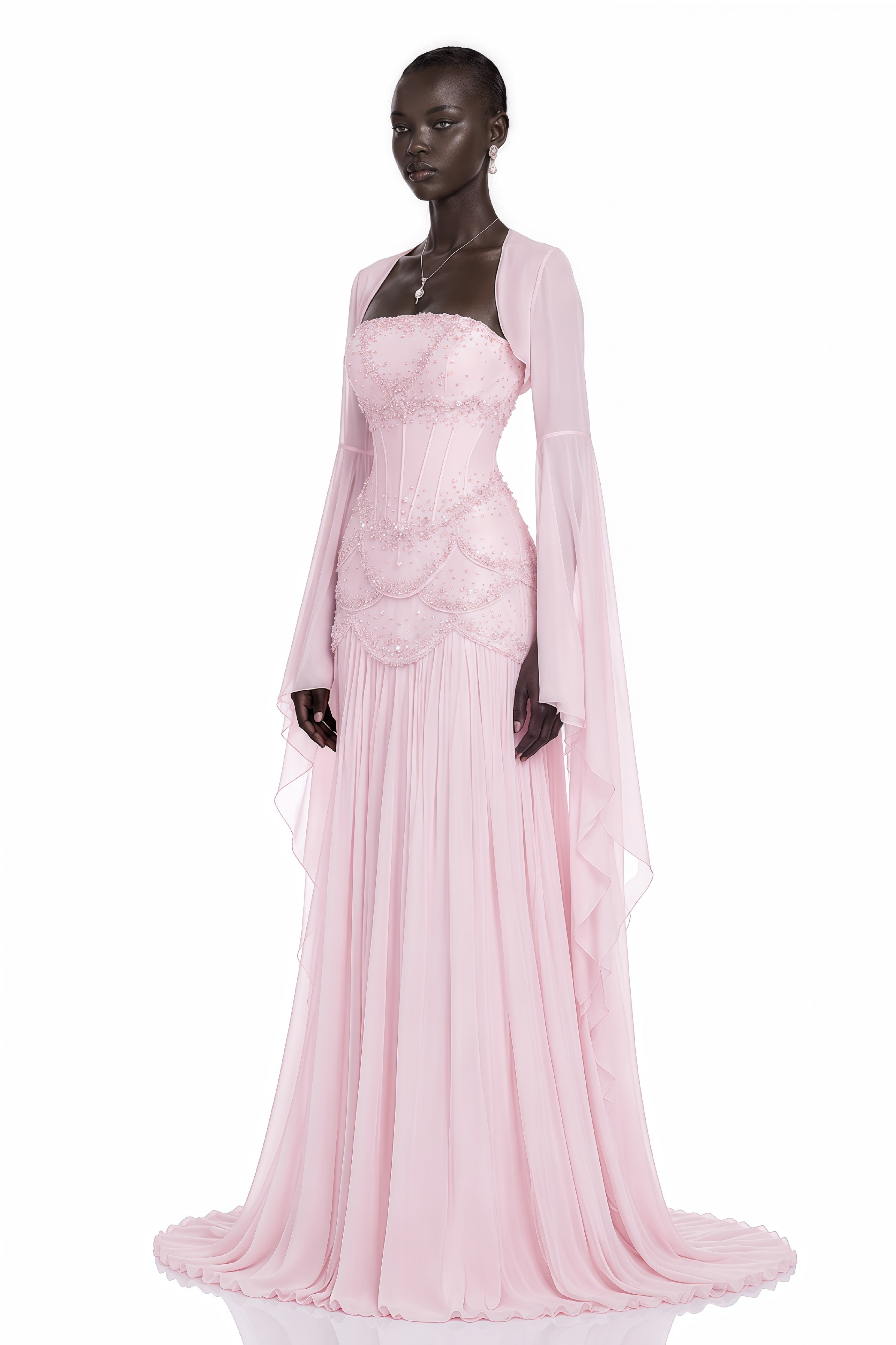 Pink embellished corset gown with long flared sheer sleeves