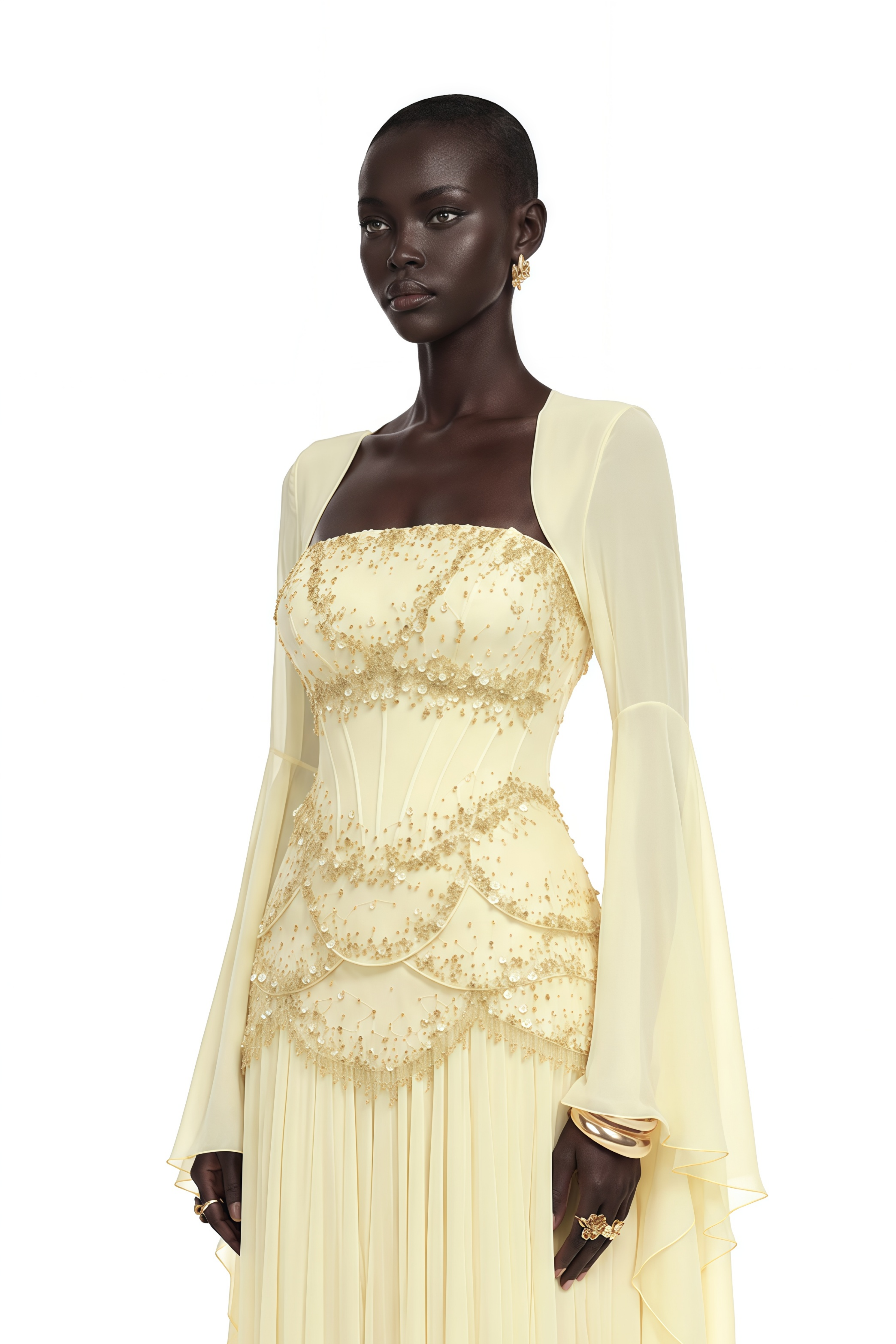 Gaëlle Yellow Faux-pearl-embellished Pleated Maxi Dress