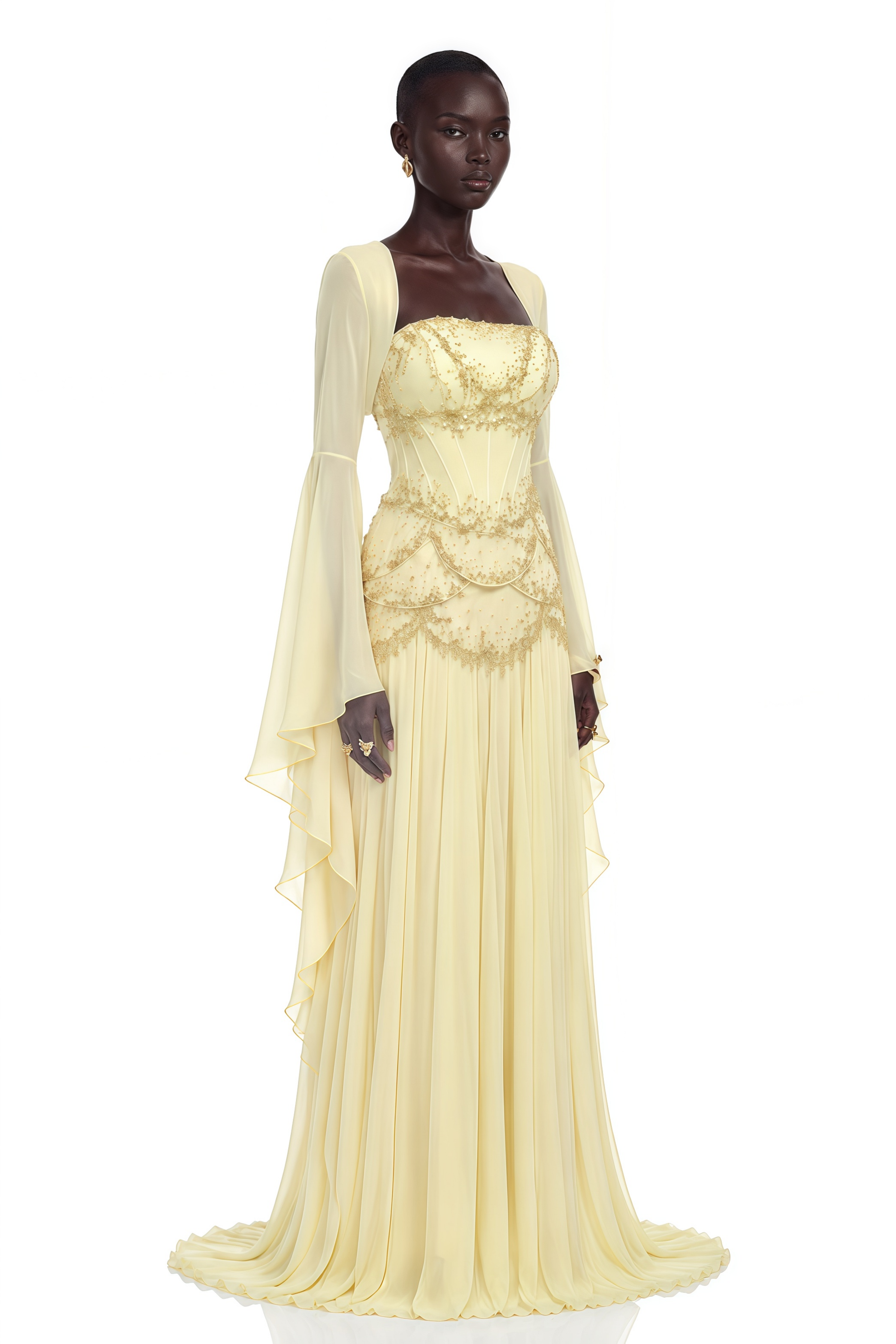 Gaëlle Yellow Faux-pearl-embellished Pleated Maxi Dress