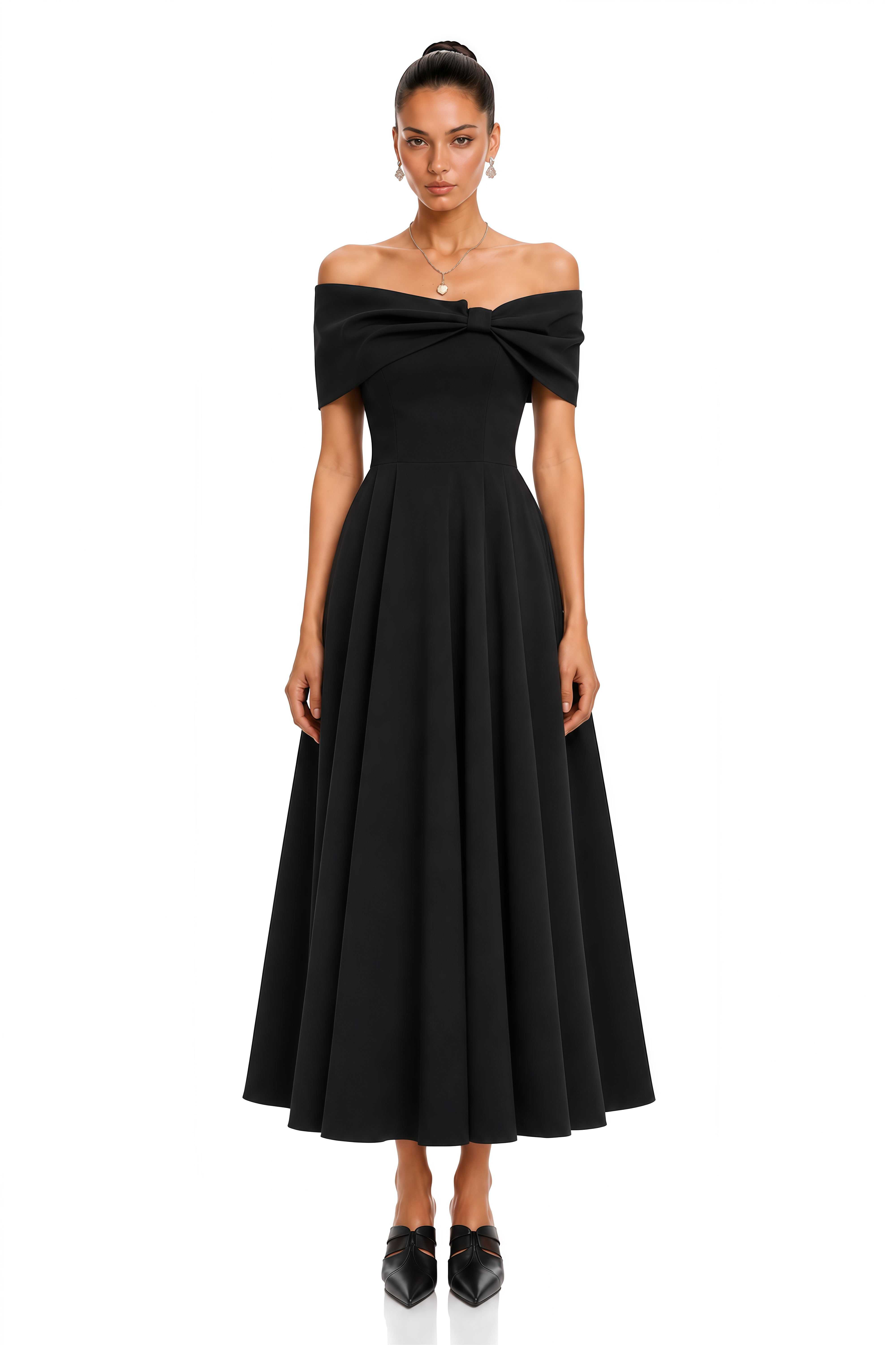 Gemma Black Off-Shoulder Bow-Detail Pleated Midi Dress