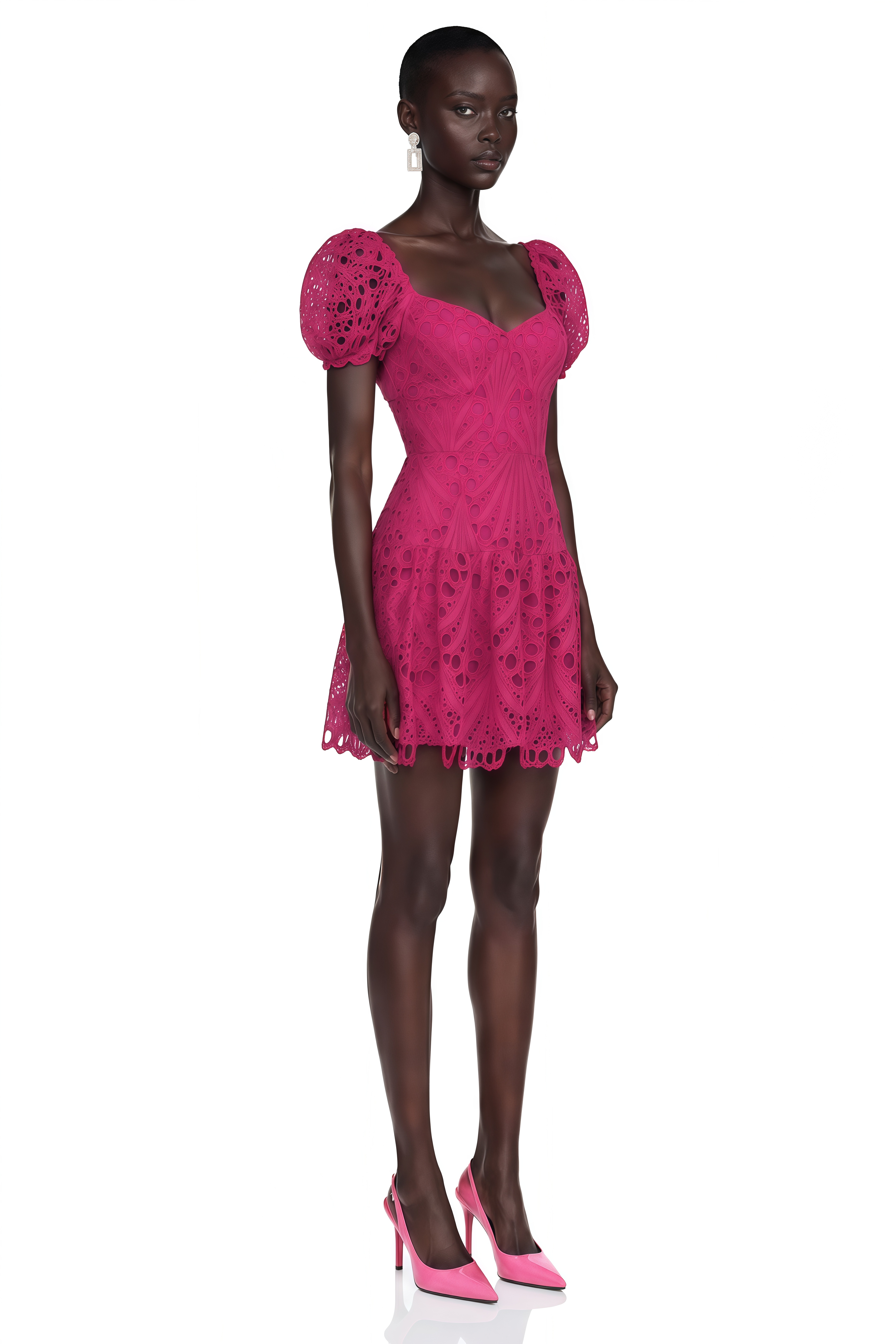 Gemma Pink Eyelet Lace Puff Sleeves Mini Dress