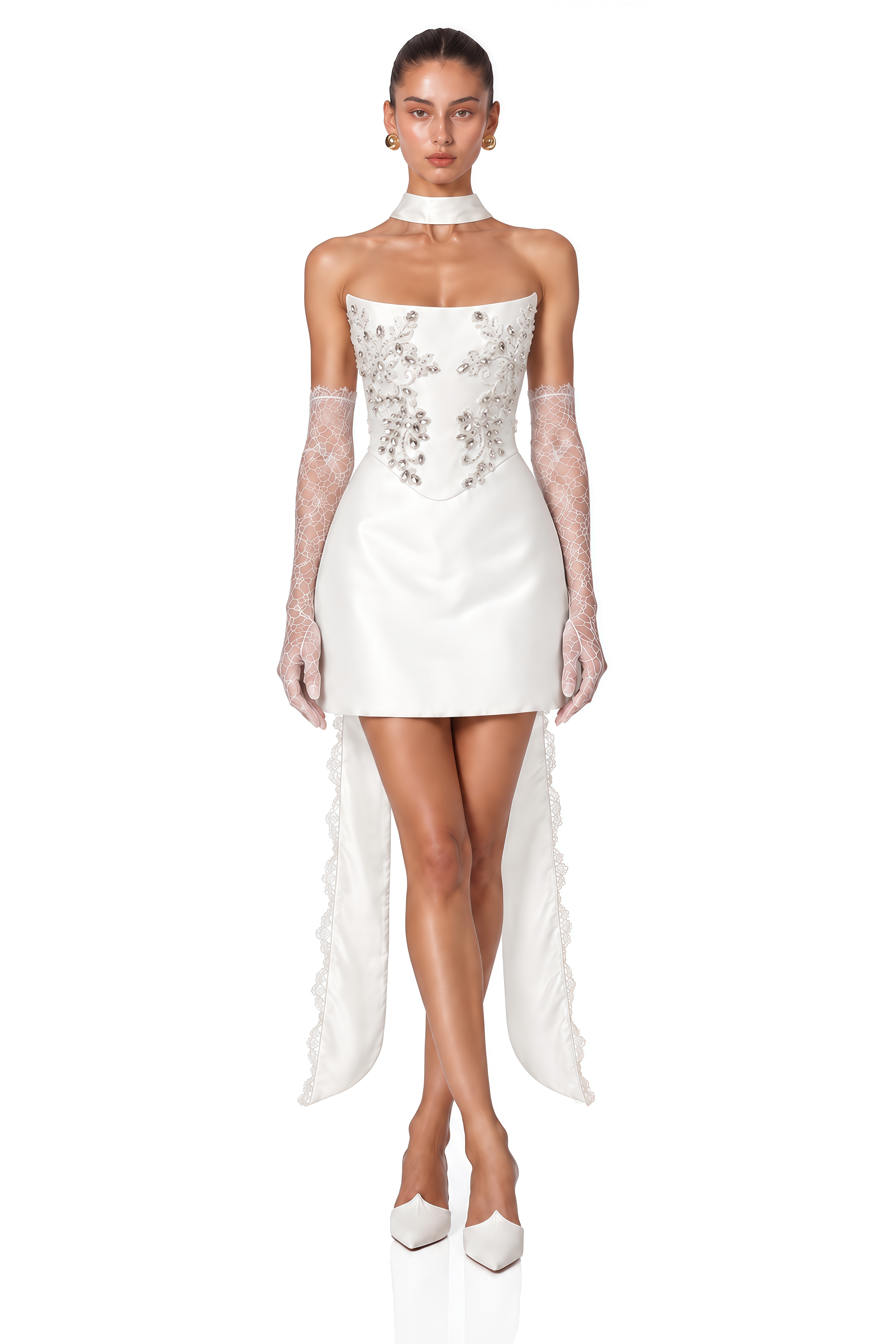 Geneva White Satin Beaded Corset & Mini Skirt Set
