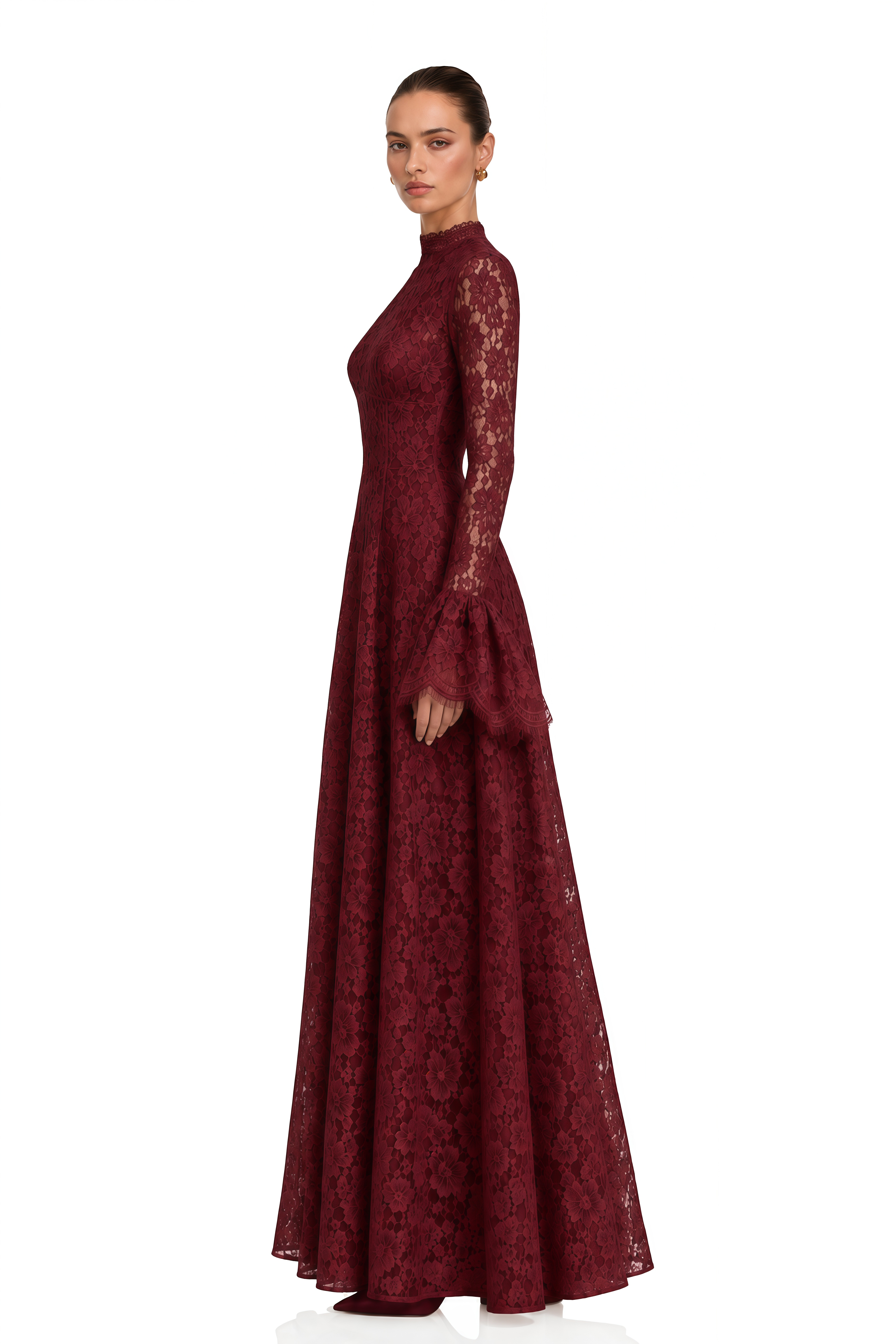 Genevieve Burgundy High-Neck Floral Lace Flared-Sleeve Maxi Dress