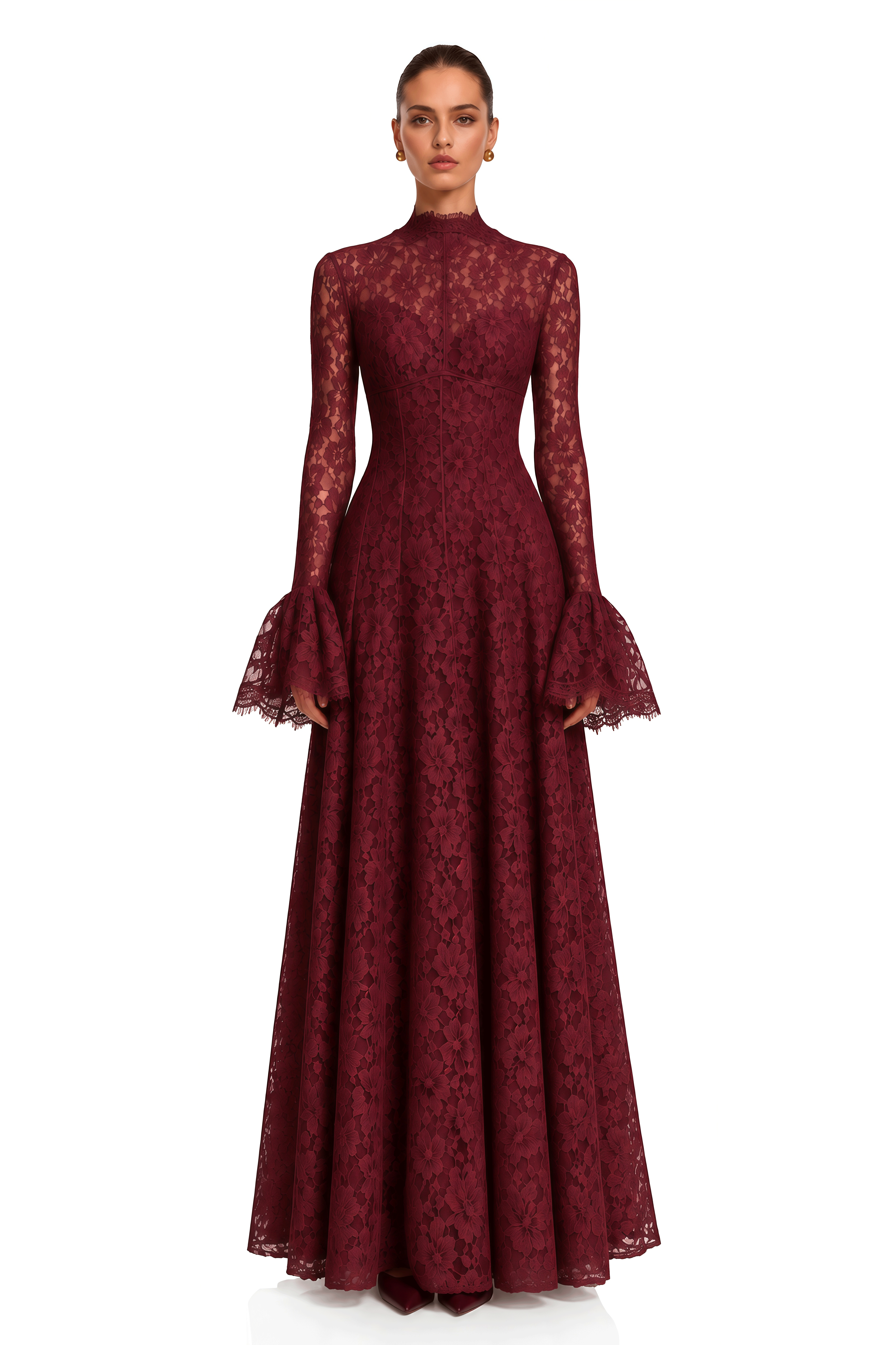 Genevieve Burgundy High-Neck Floral Lace Flared-Sleeve Maxi Dress