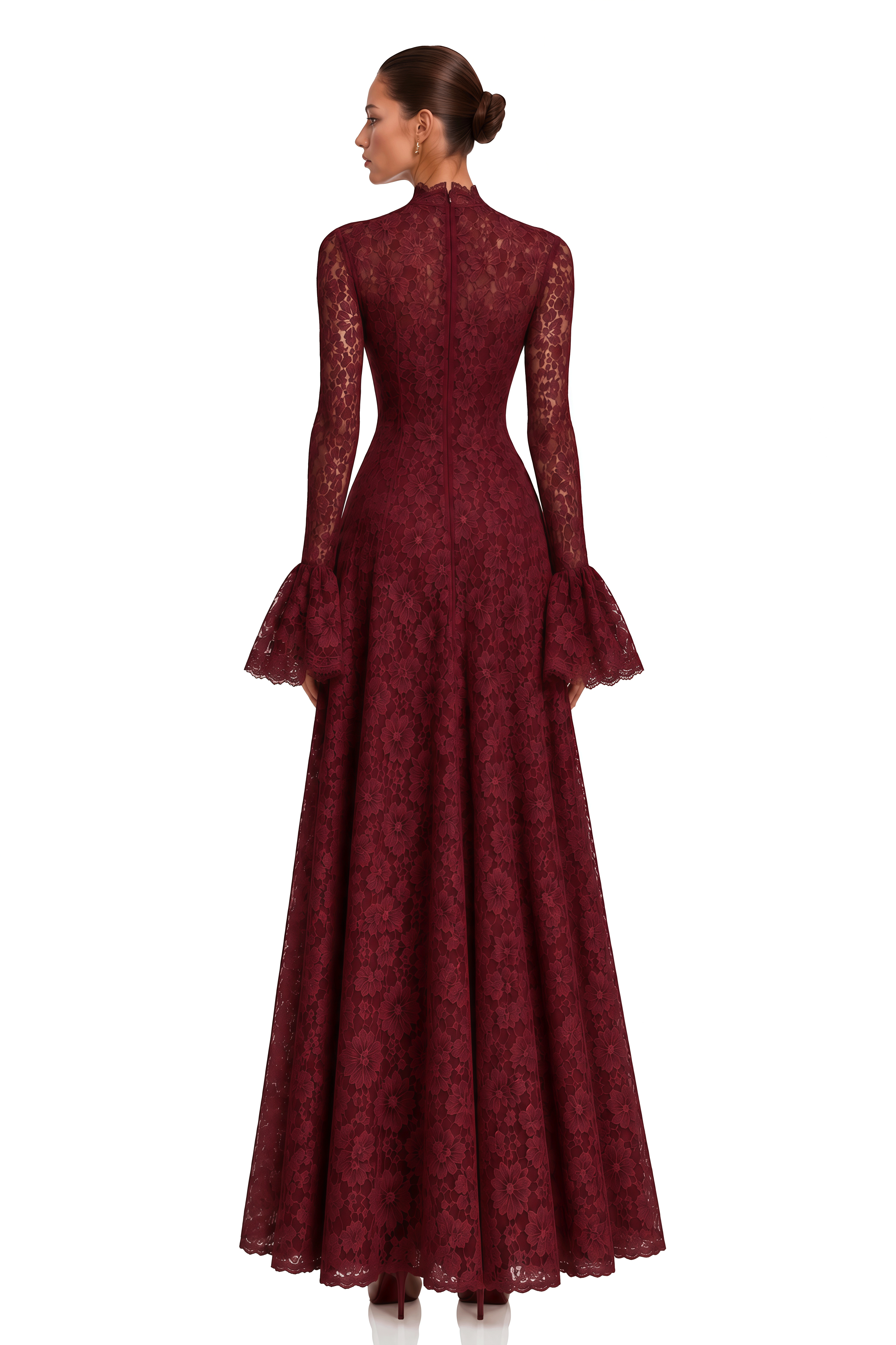 Genevieve Burgundy High-Neck Floral Lace Flared-Sleeve Maxi Dress