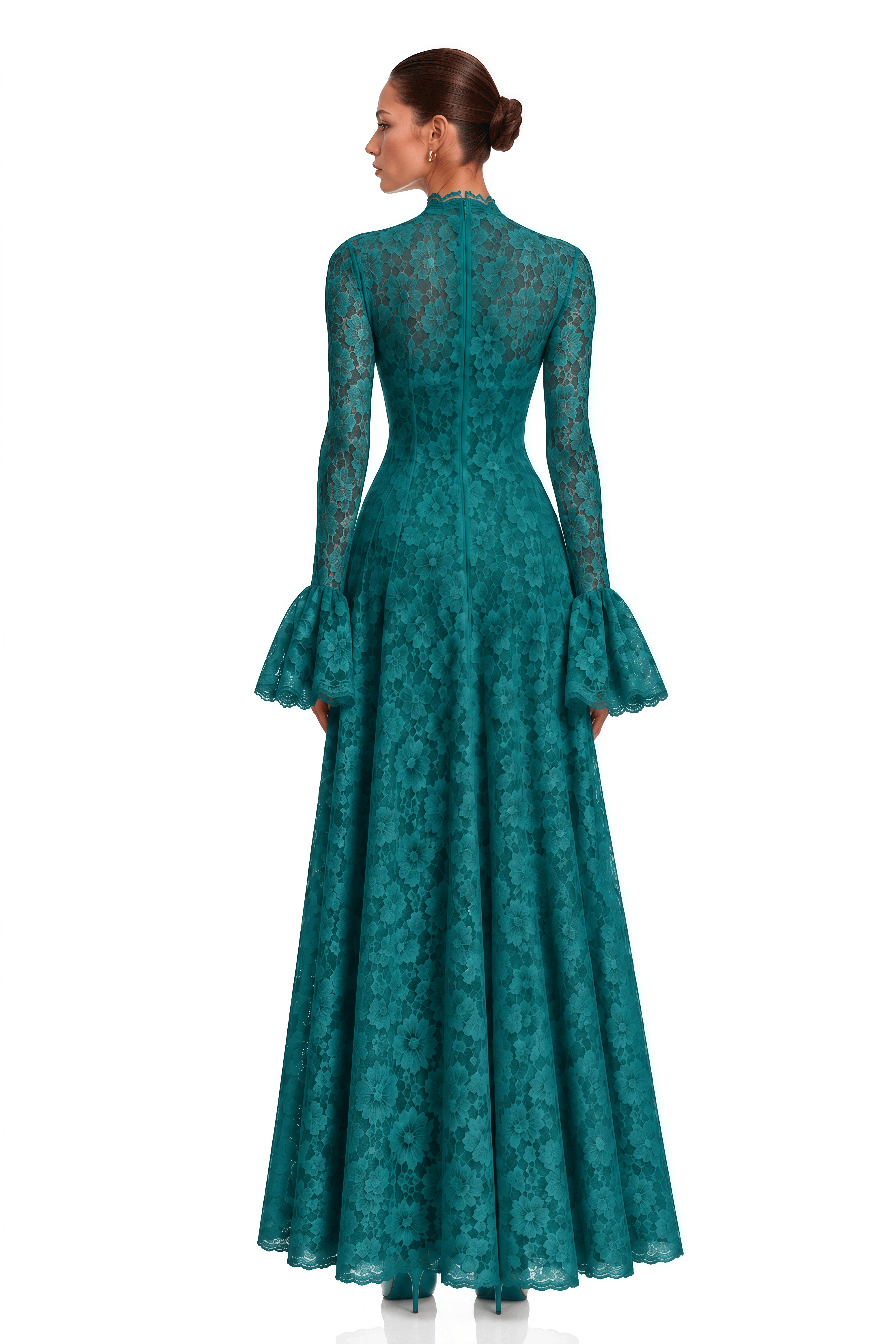 Genevieve Green High-Neck Floral Lace Flared-Sleeve Maxi Dress