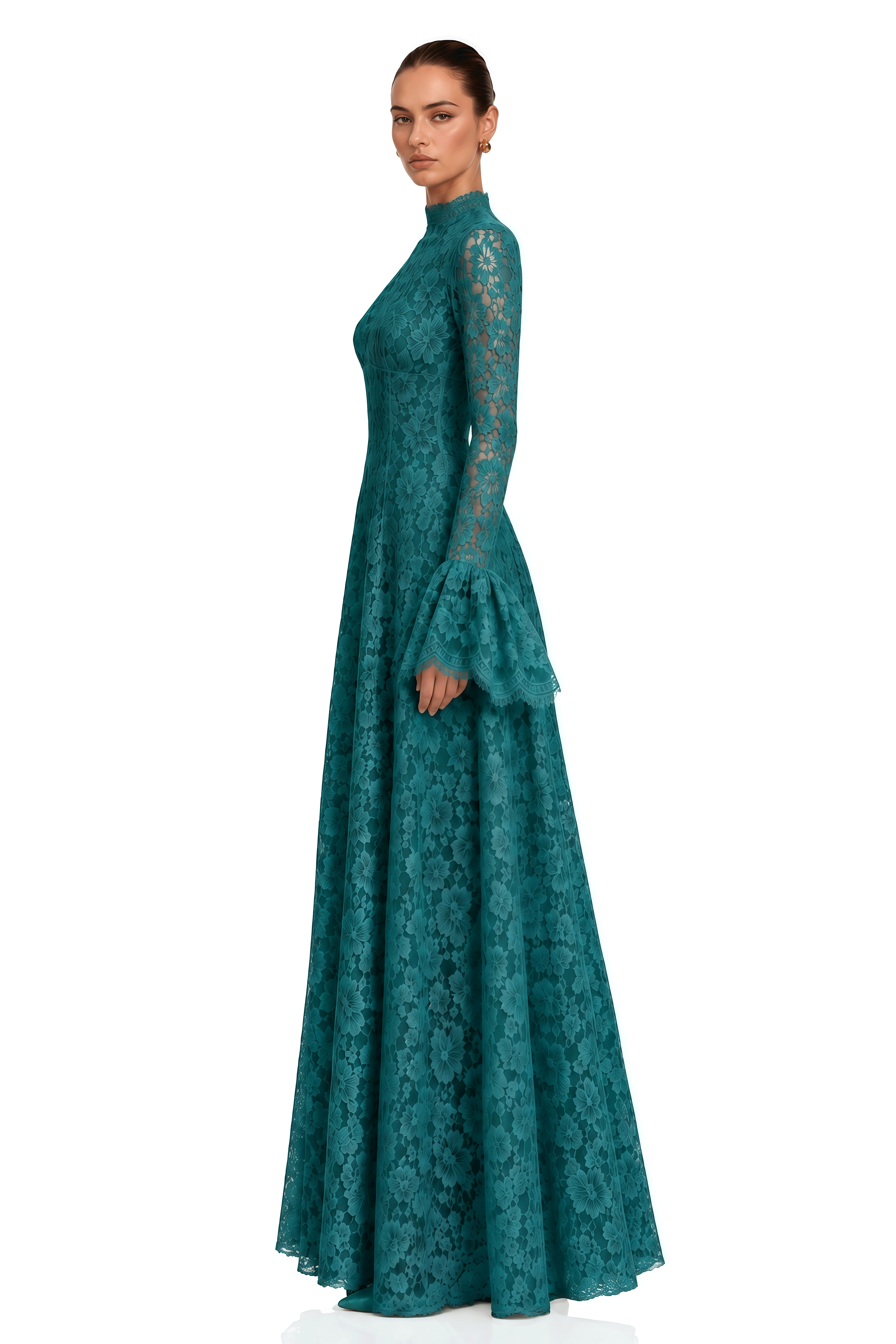 Genevieve Green High-Neck Floral Lace Flared-Sleeve Maxi Dress