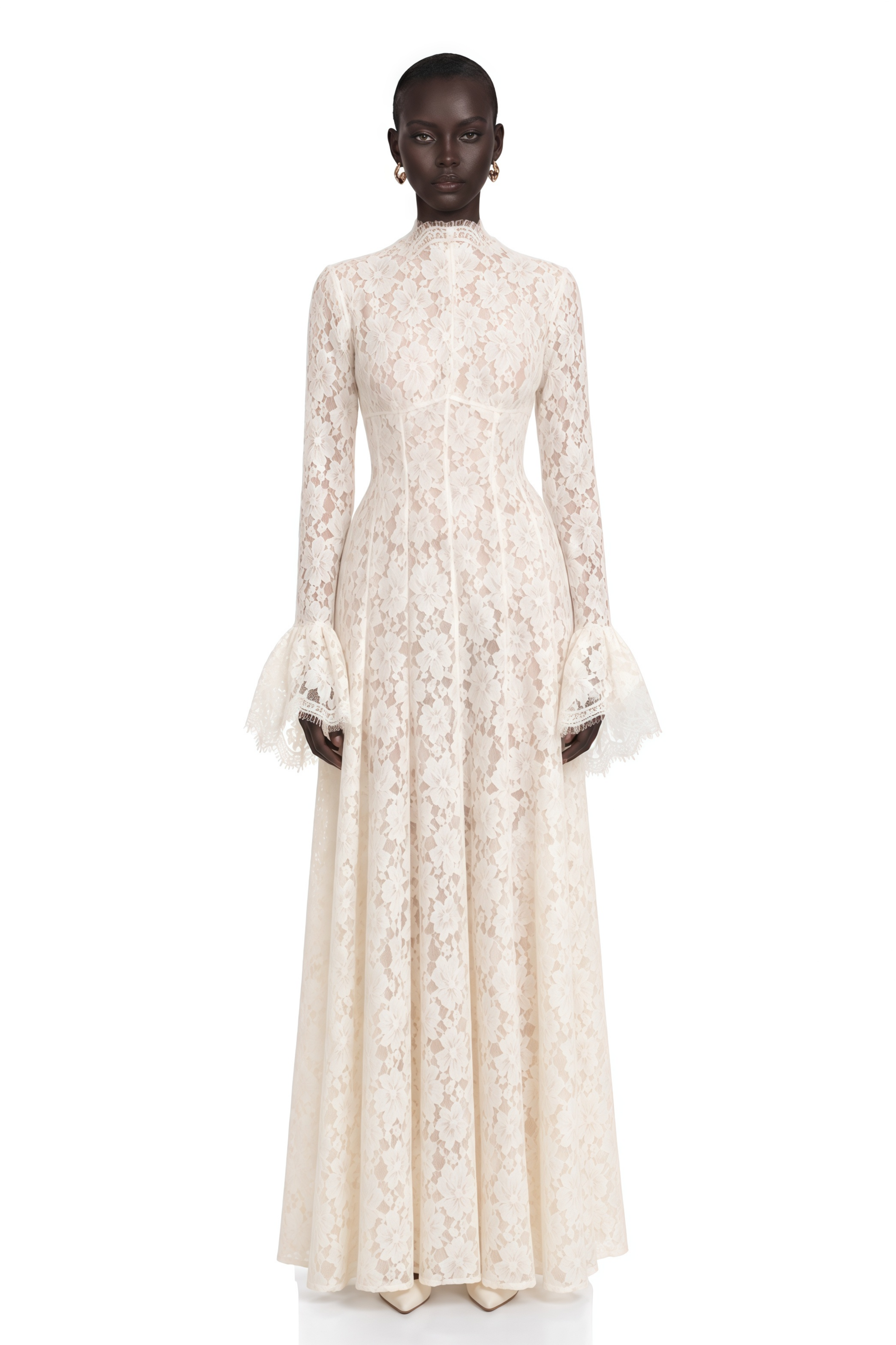 Genevieve Ivory High-Neck Floral Lace Flared-Sleeve Maxi Dress