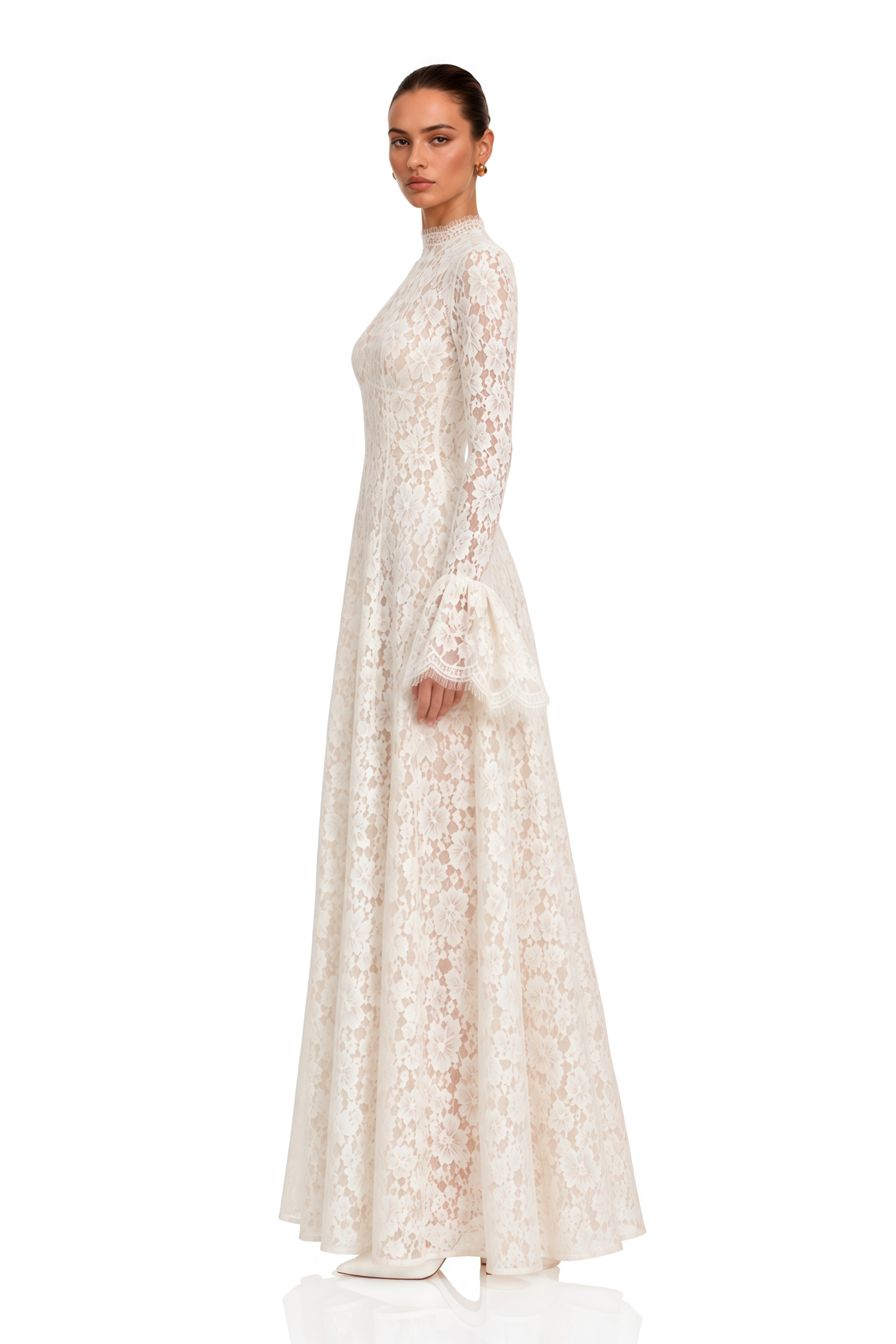 Genevieve Ivory High-Neck Floral Lace Flared-Sleeve Maxi Dress