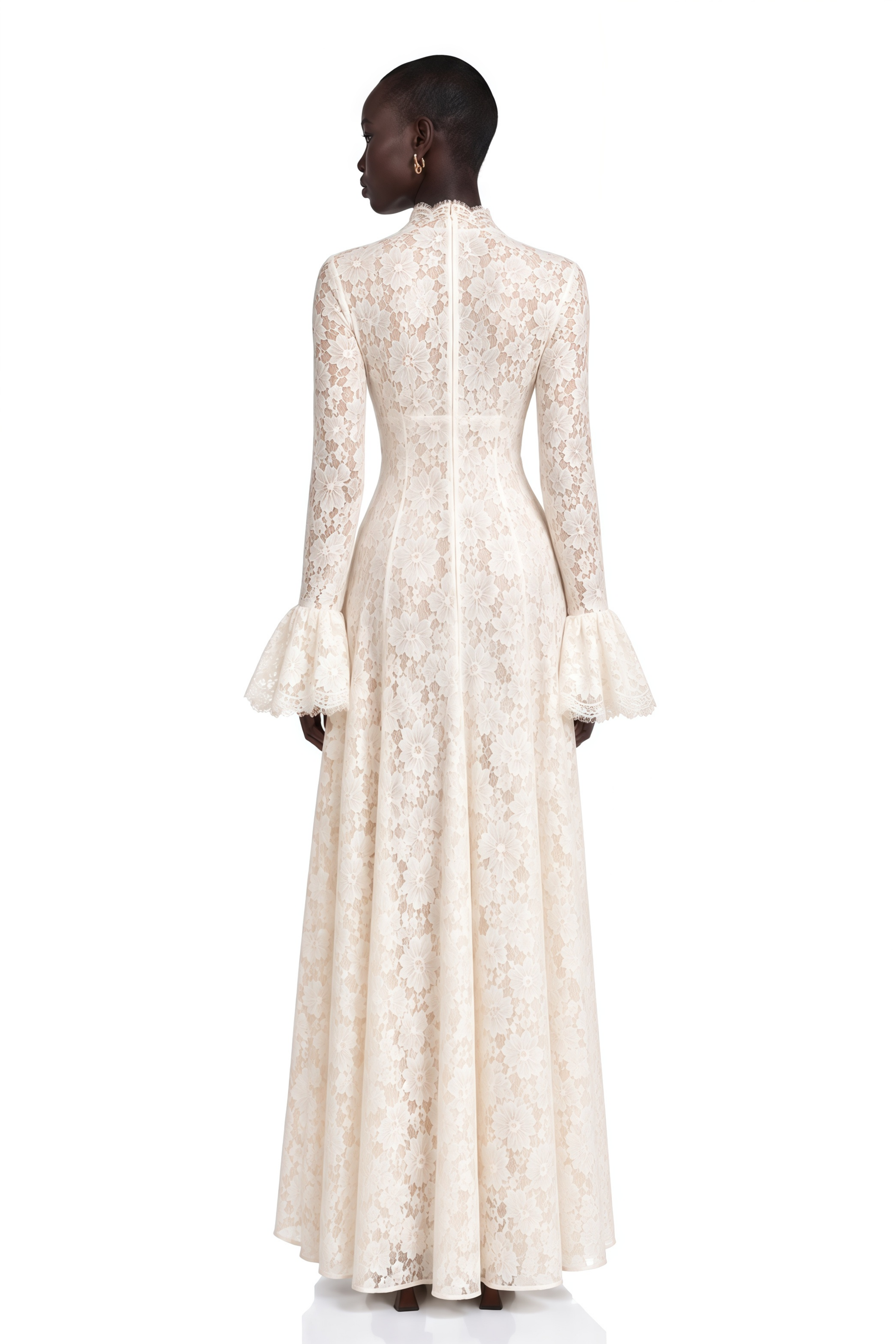 Genevieve Ivory High-Neck Floral Lace Flared-Sleeve Maxi Dress