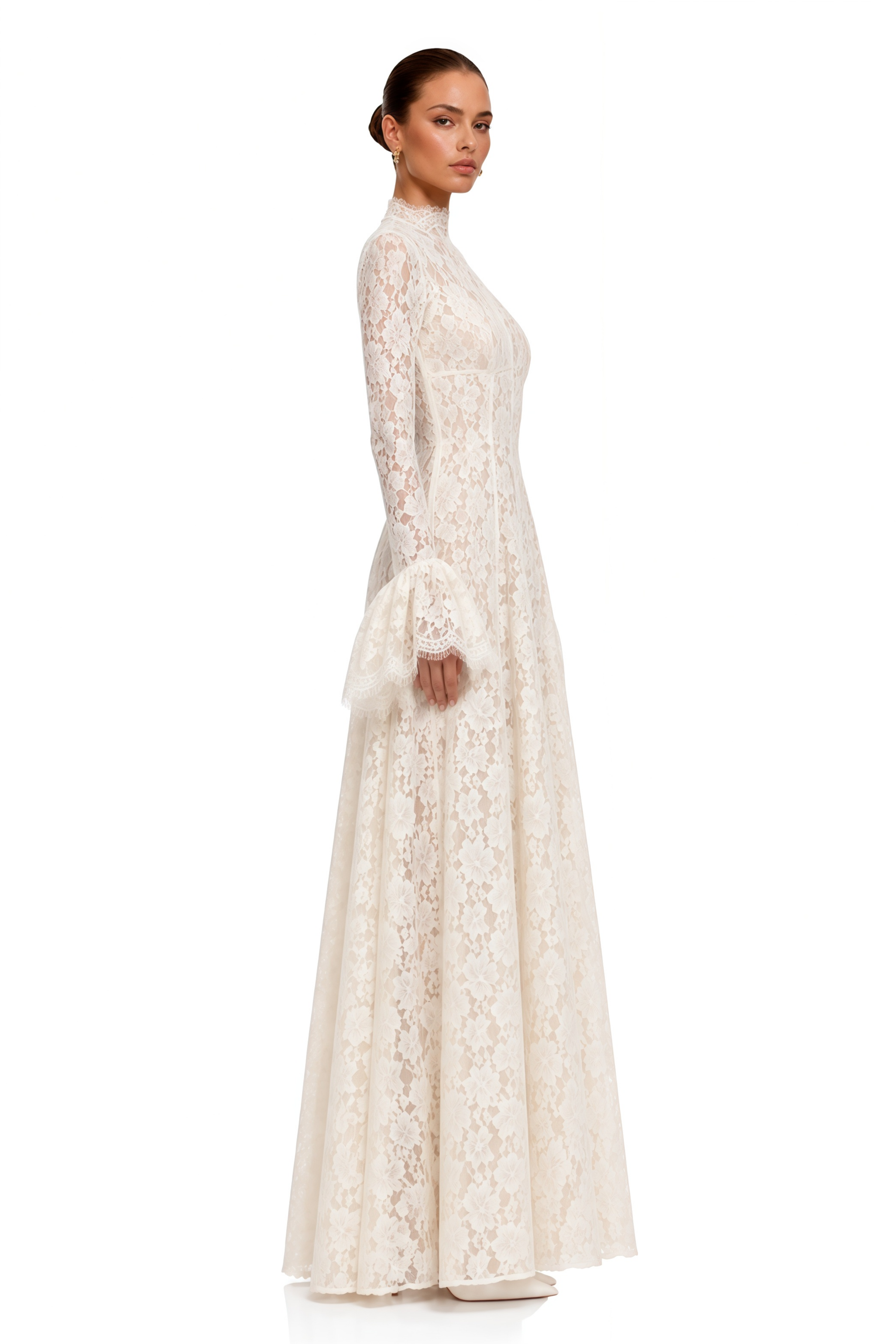 Genevieve Ivory High-Neck Floral Lace Flared-Sleeve Maxi Dress