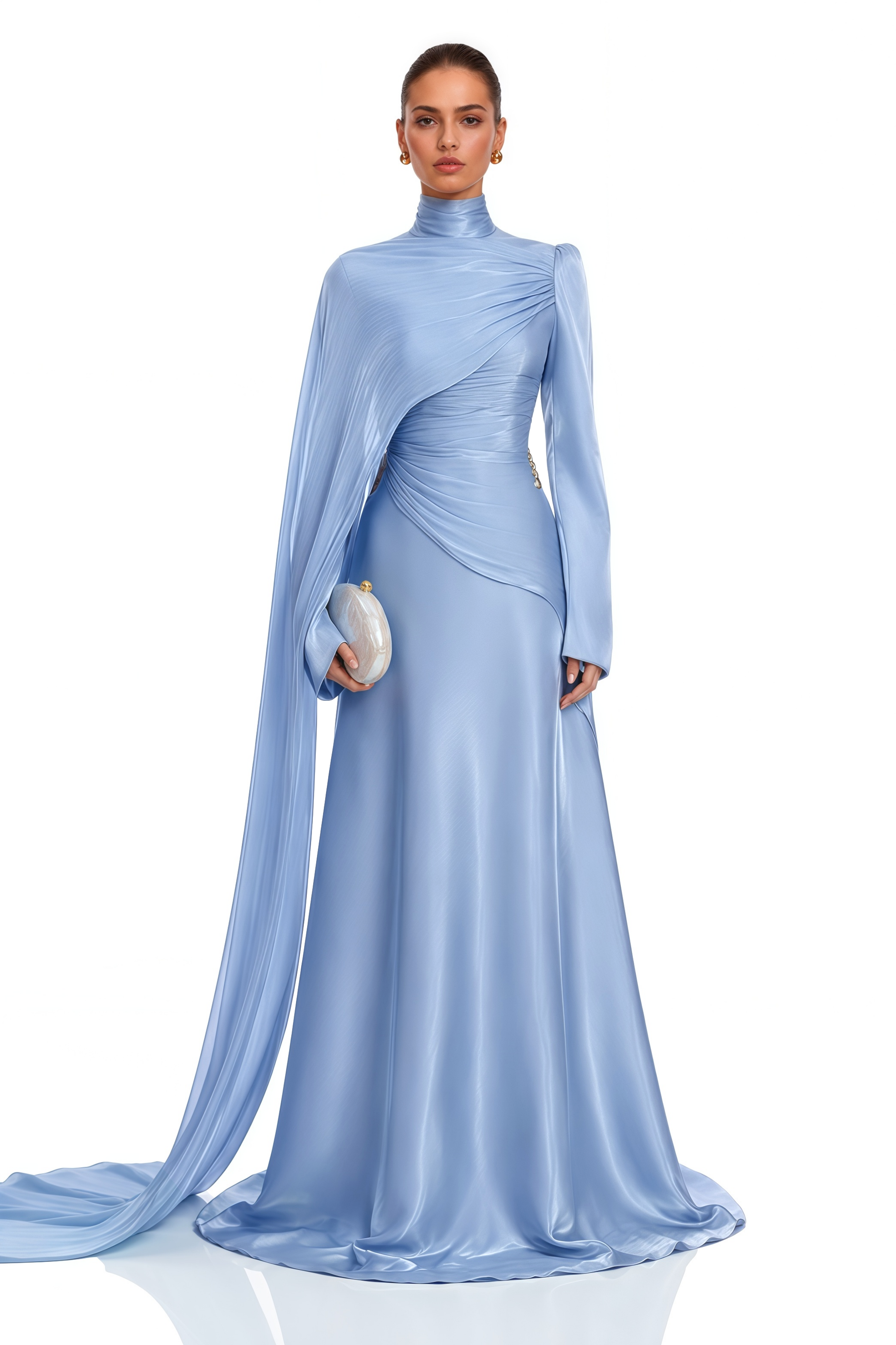 Light blue high-neck draped satin maxi gown with a trailing shoulder cape