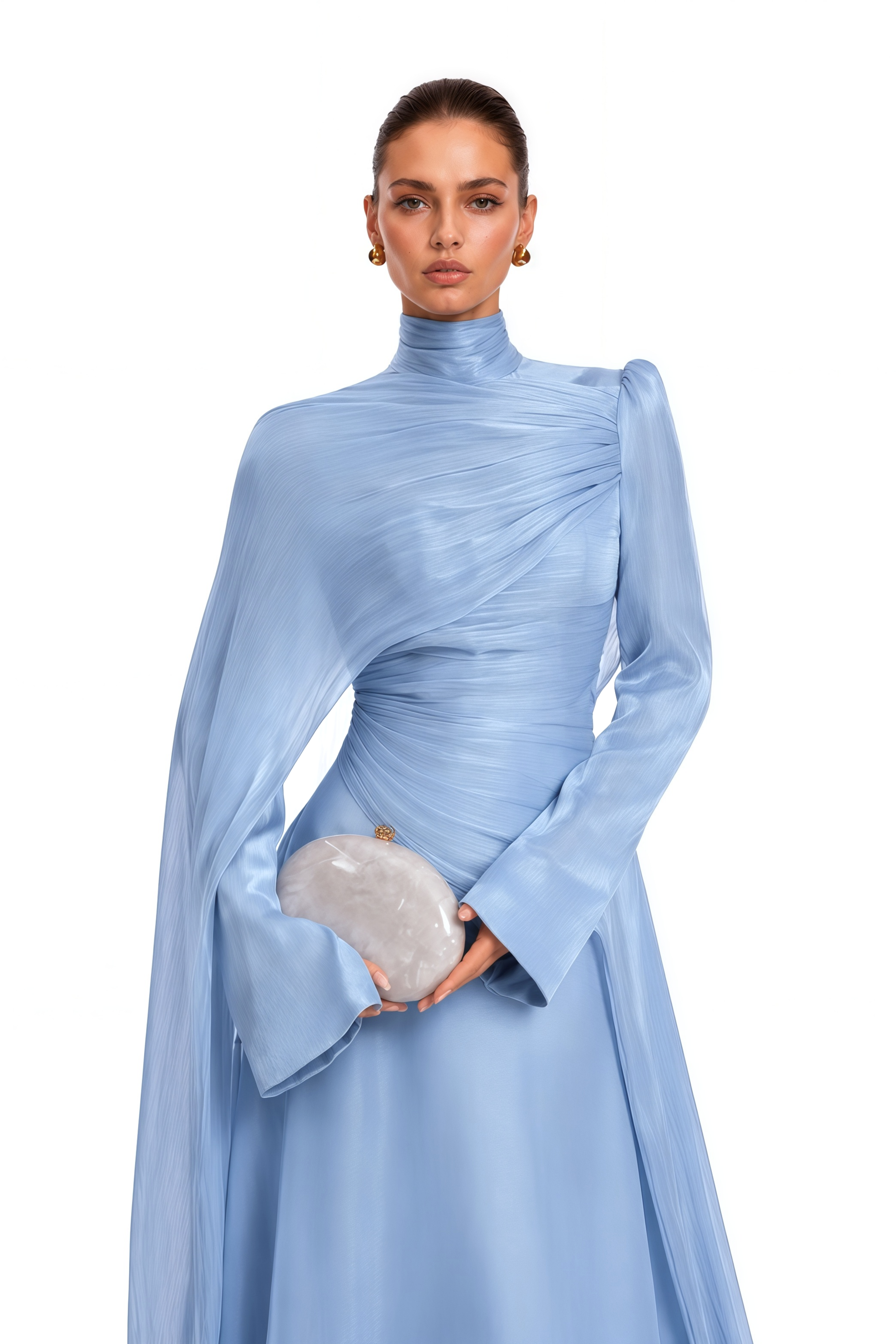 Light blue high-neck draped satin maxi gown with a trailing shoulder cape