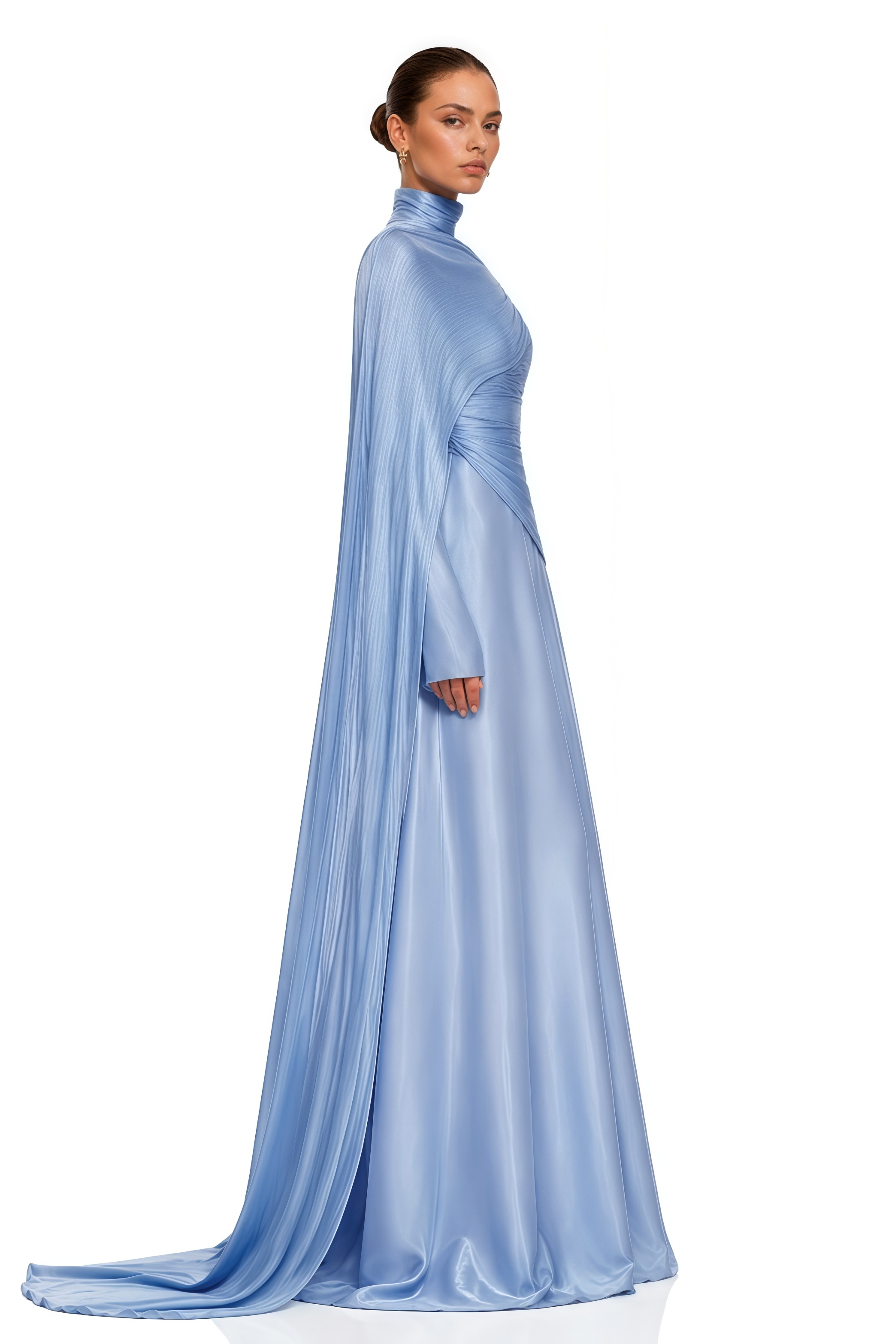 Light blue high-neck draped satin maxi gown with a trailing shoulder cape