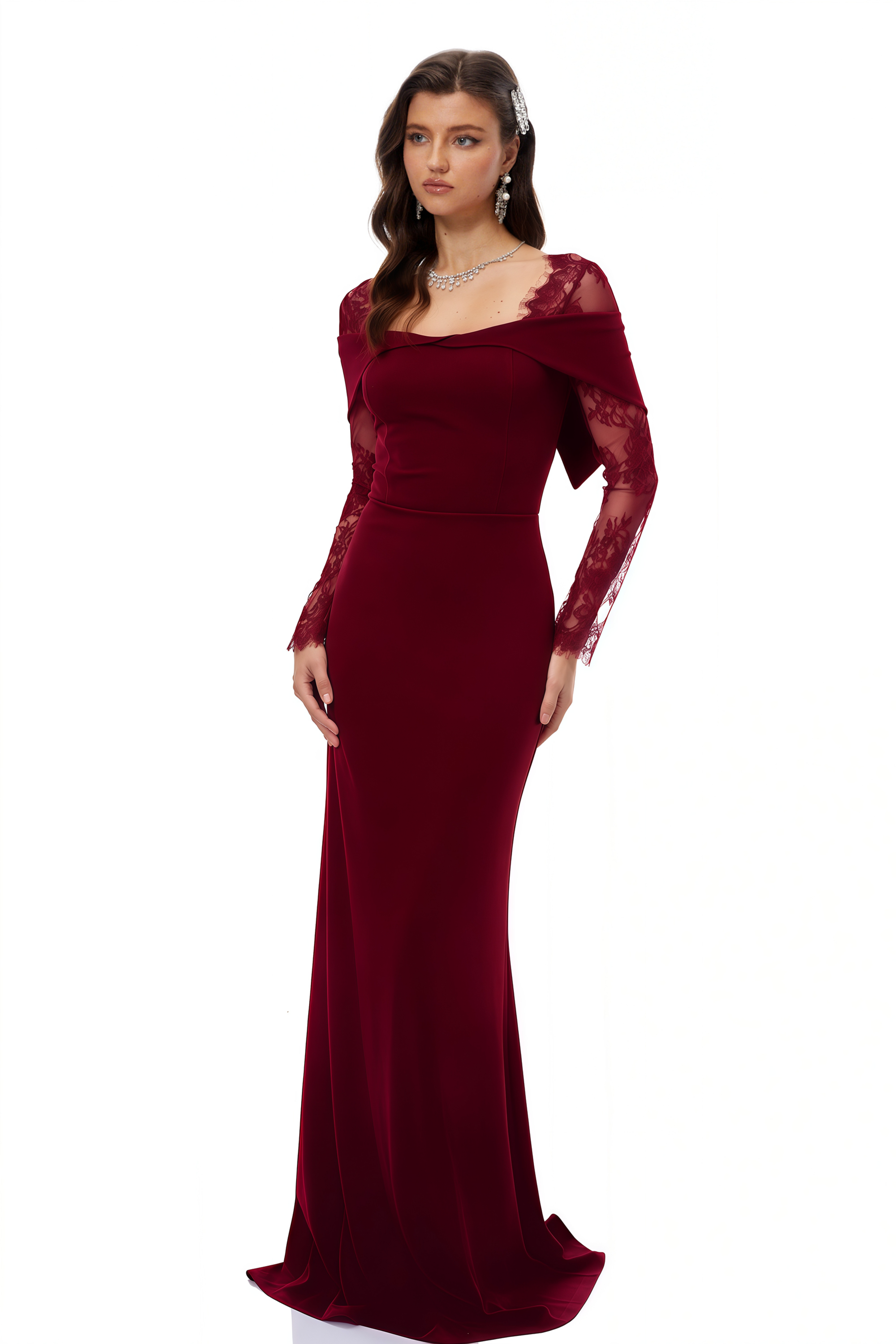 Burgundy off-the-shoulder maxi gown with sheer lace long sleeves