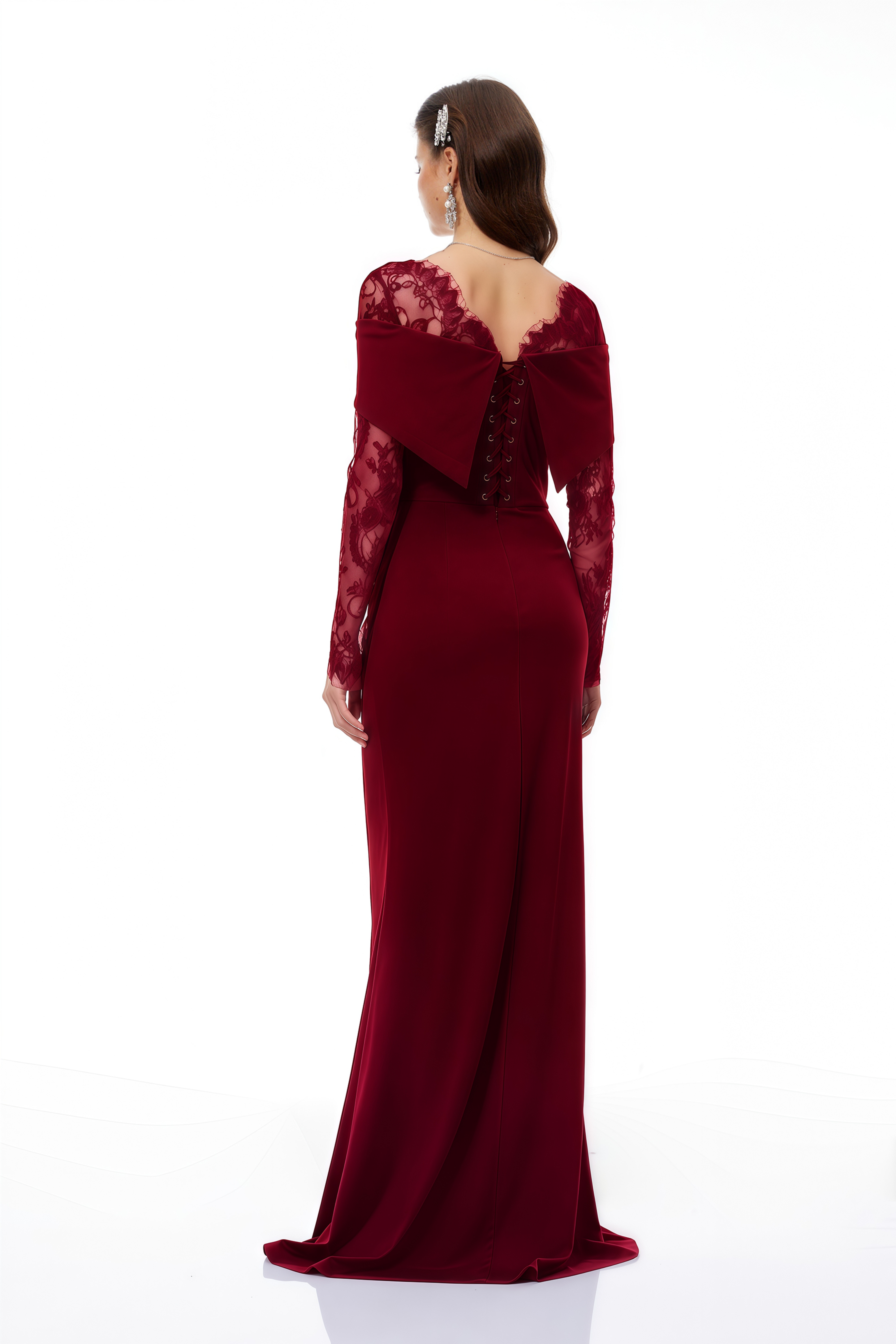 Burgundy off-the-shoulder maxi gown with sheer lace long sleeves