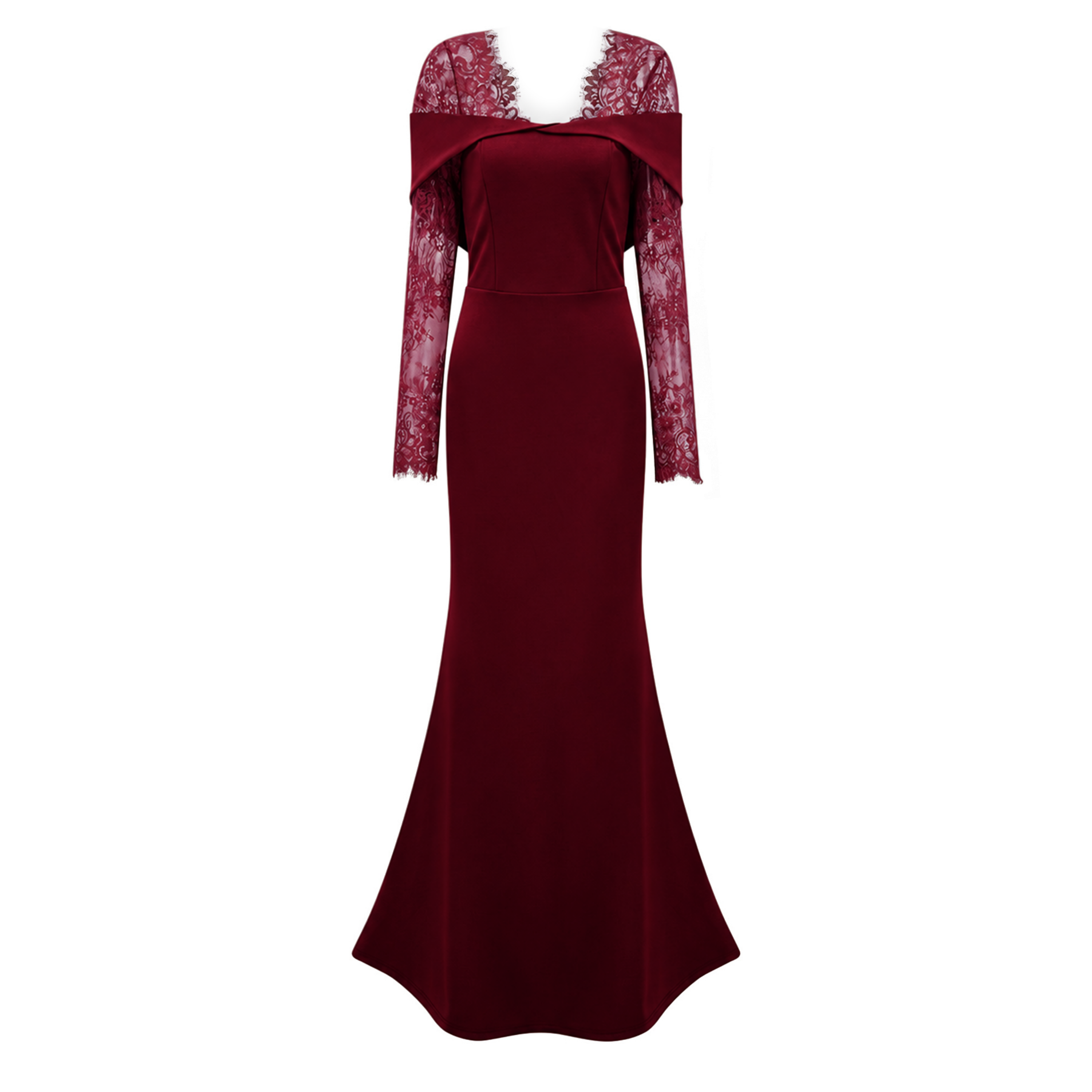 Burgundy off-the-shoulder maxi gown with sheer lace long sleeves