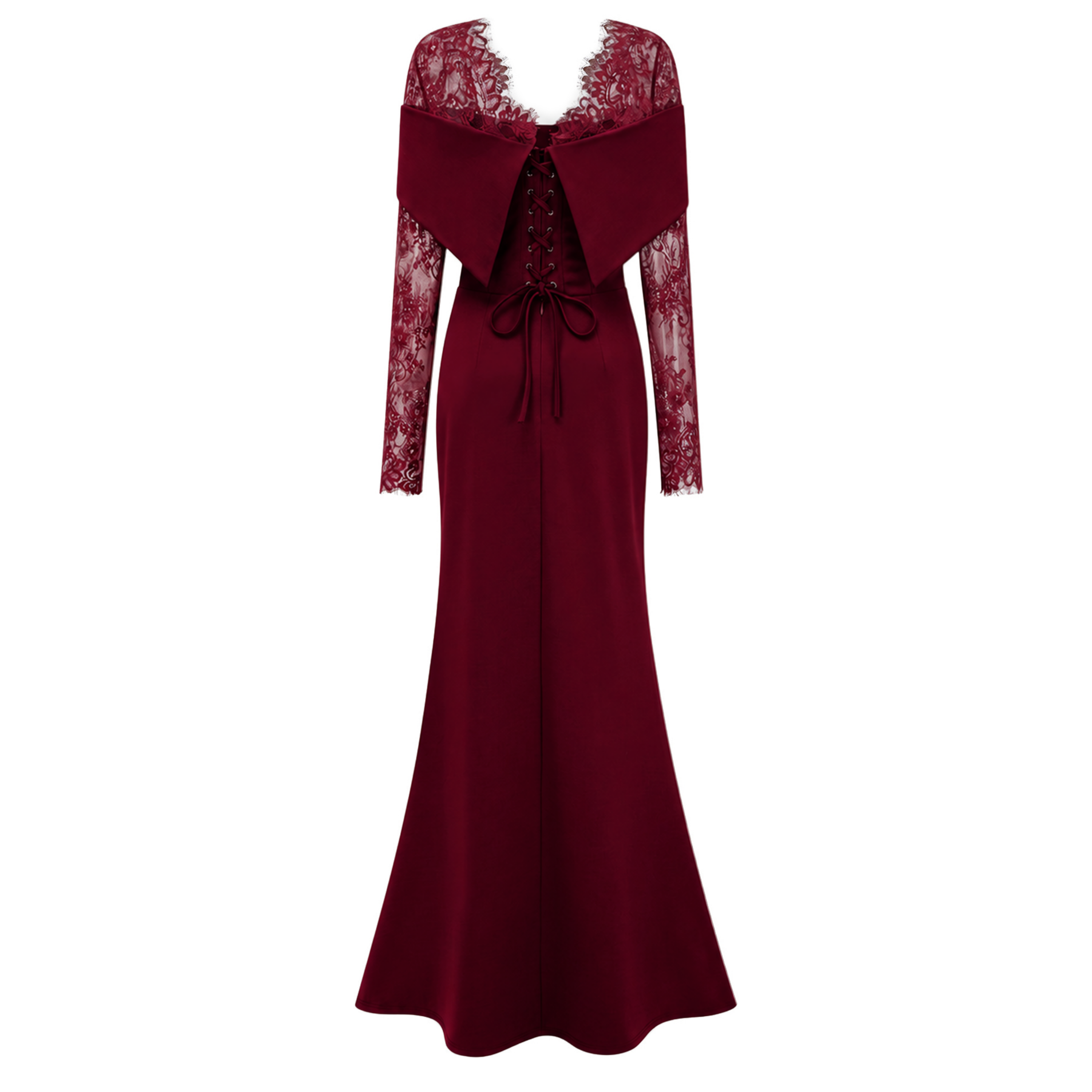 Burgundy off-the-shoulder maxi gown with sheer lace long sleeves